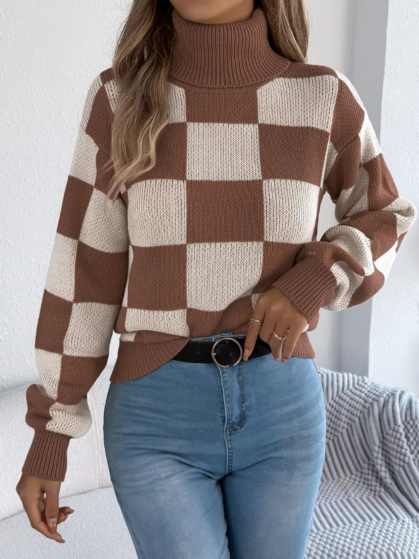 Checkered Turtleneck Long Sleeve Sweater - Thalia Chic