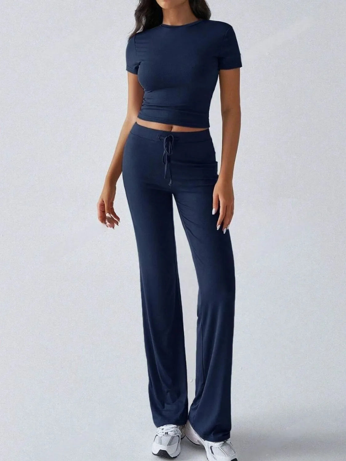 Round Neck Short Sleeve Top and Pants Set - Thalia Chic