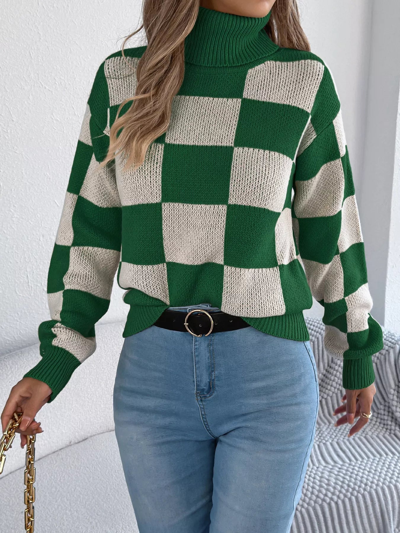 Checkered Turtleneck Long Sleeve Sweater - Thalia Chic