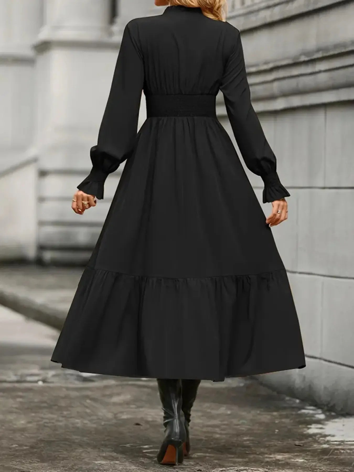 Notched Long Sleeve Tiered Dress - Thalia Chic