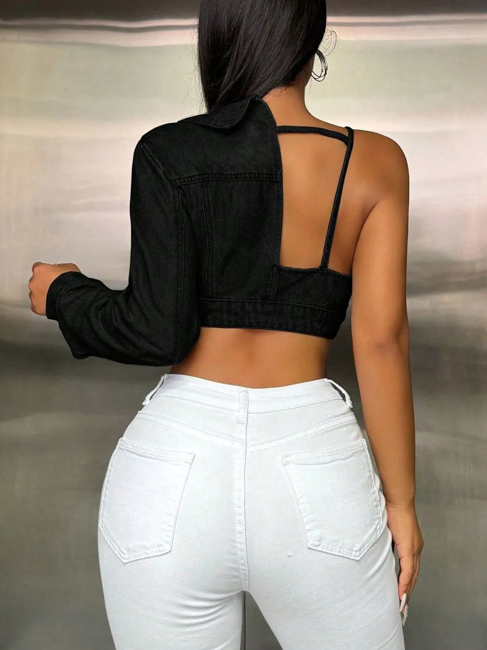 One Shoulder Long Sleeve Cropped Denim Top - Thalia Chic