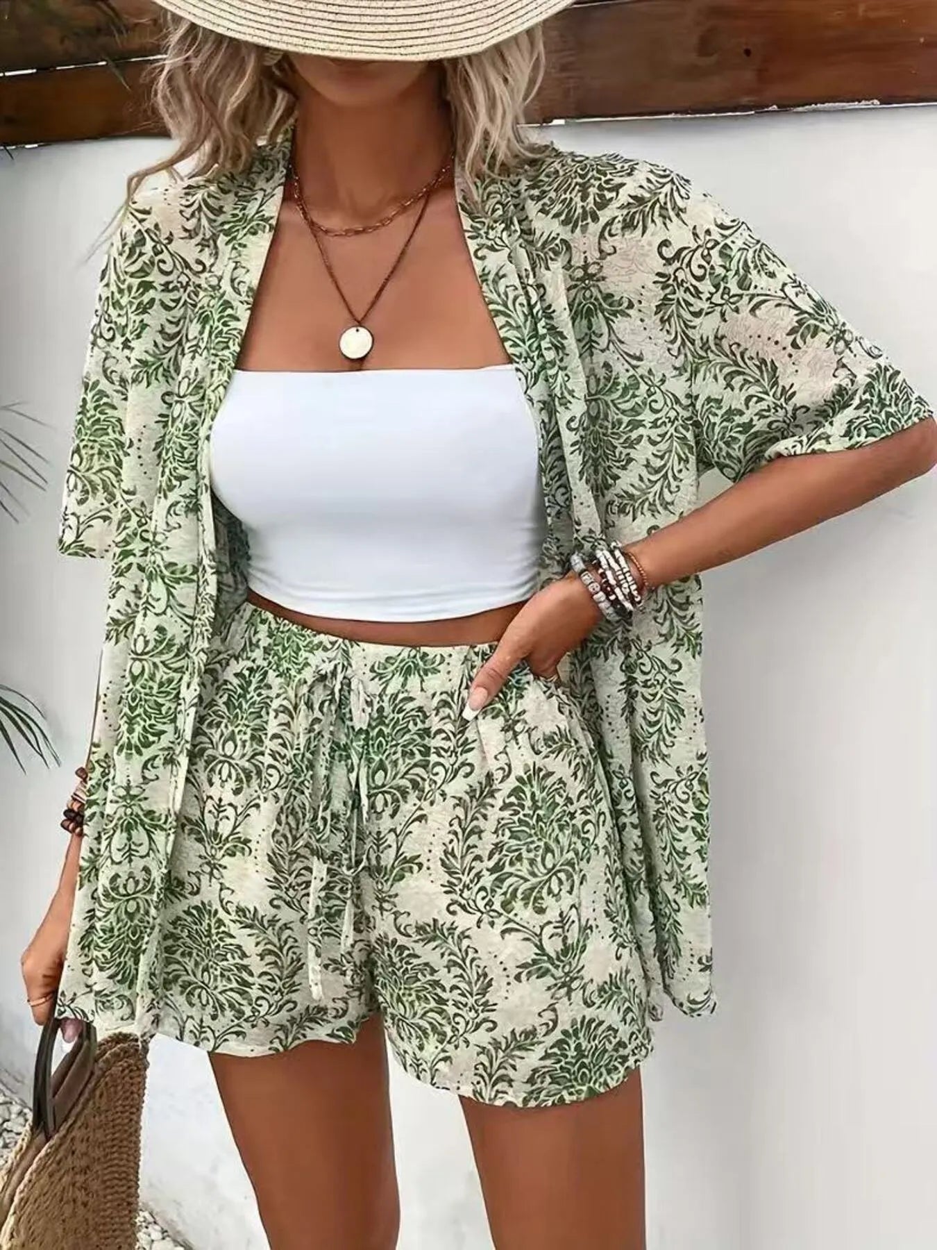 Printed Open Front Cardigan and Shorts Set - Thalia Chic