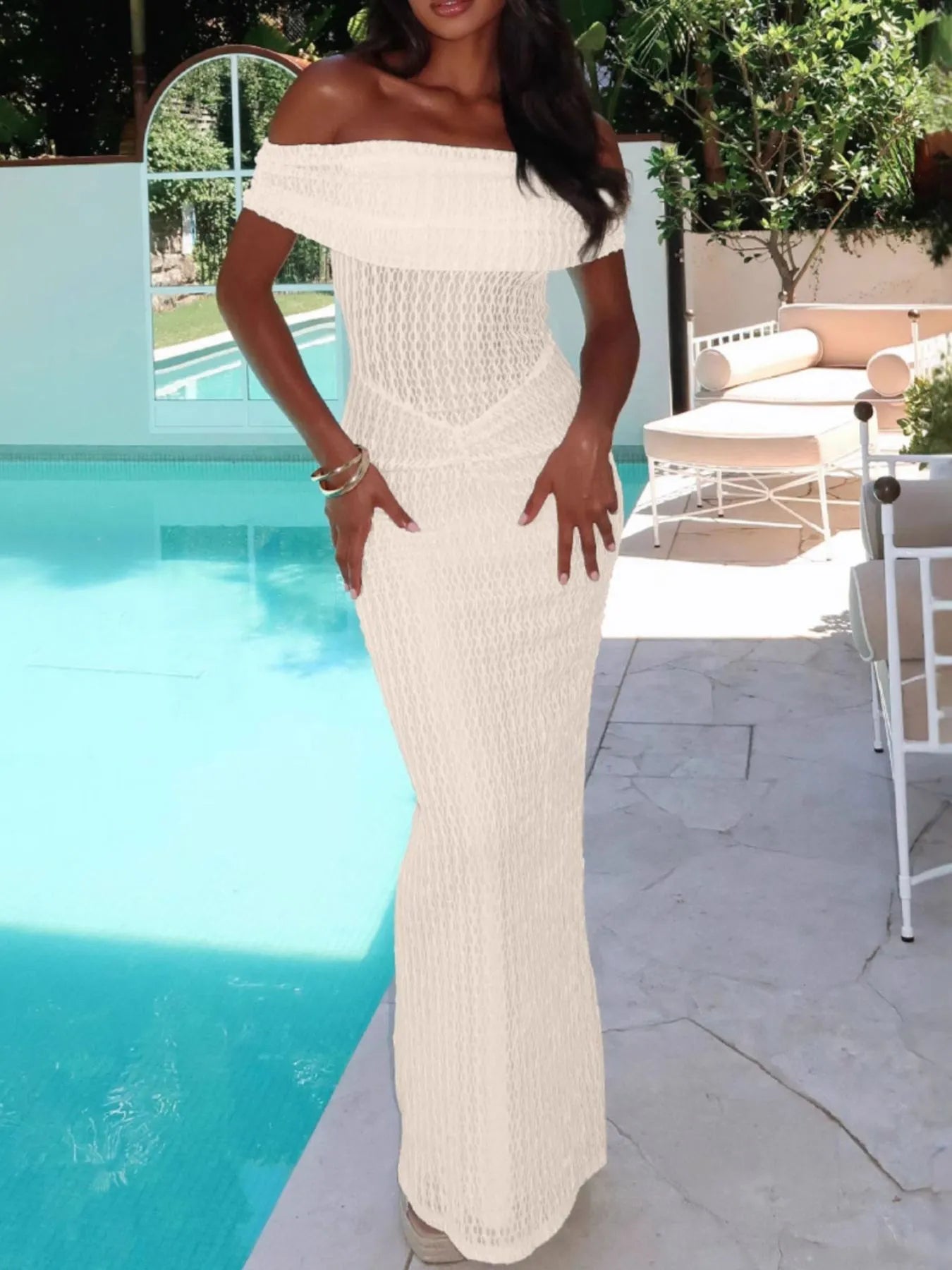 Off Shoulder Texture Maxi Dress - Thalia Chic