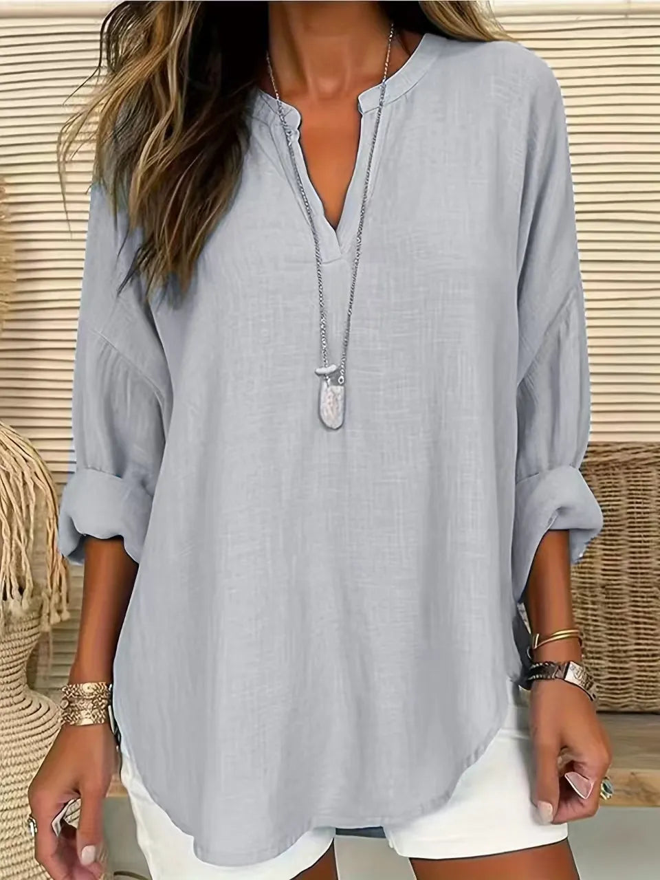 Solid Color Notched Long Sleeve Blouse - Thalia Chic