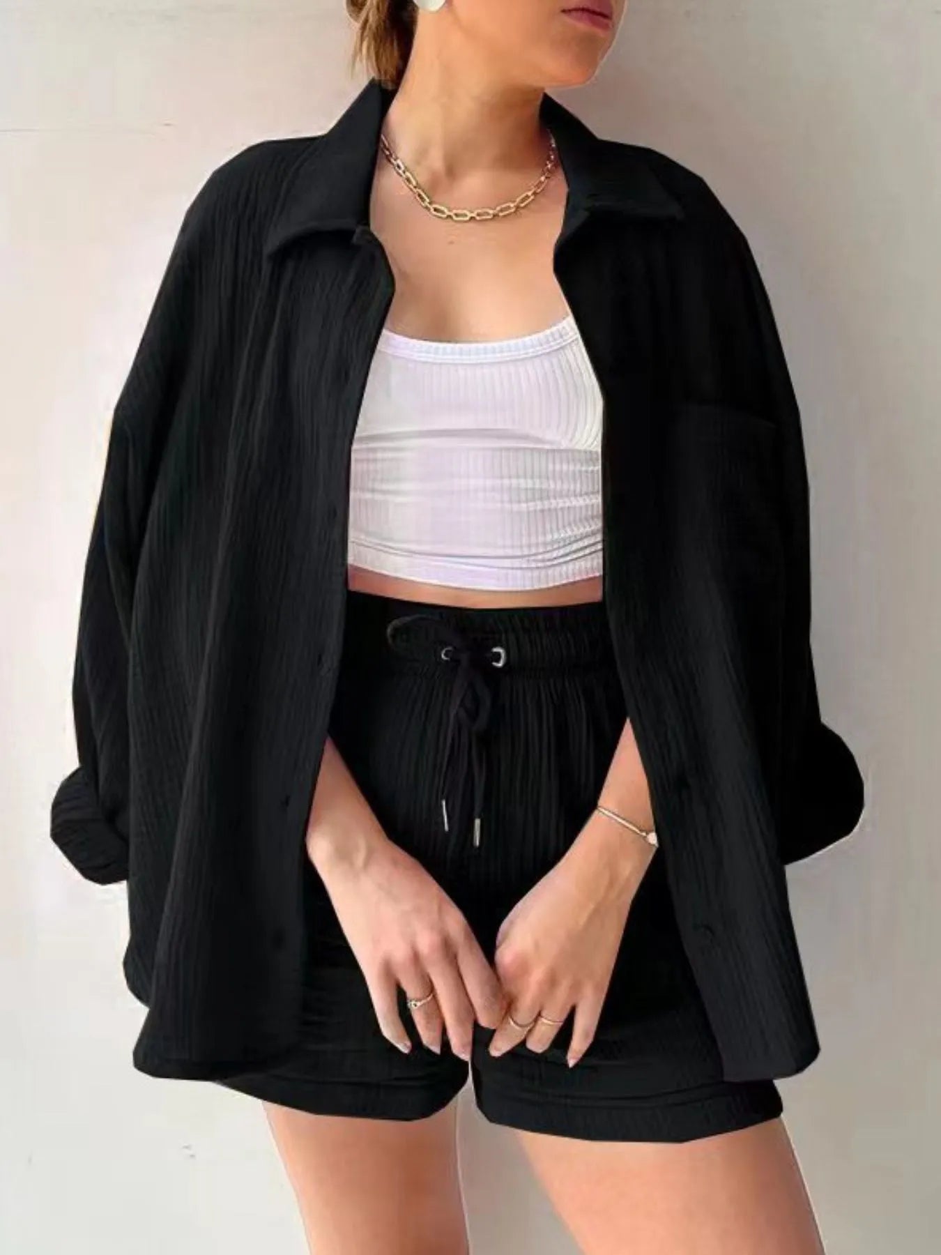 Textured Button Up Shirt and Shorts Set - Thalia Chic