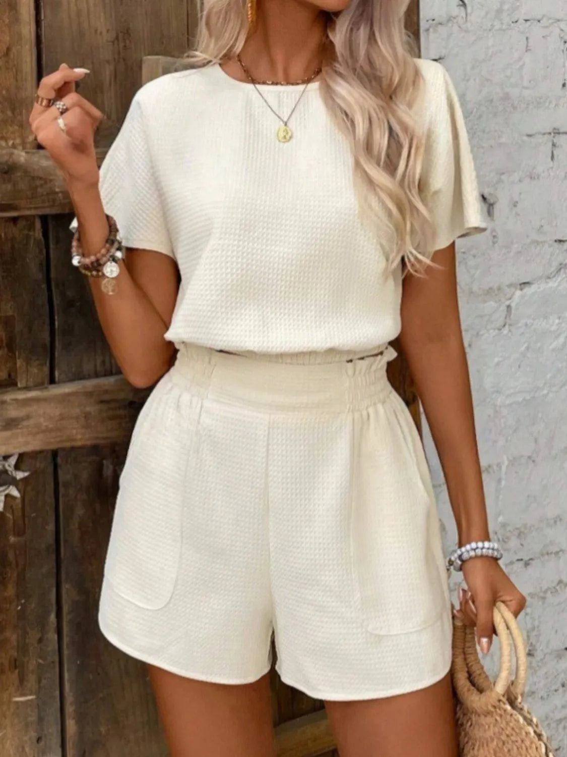 Round Neck Short Sleeve Top and Shorts Set - Thalia Chic