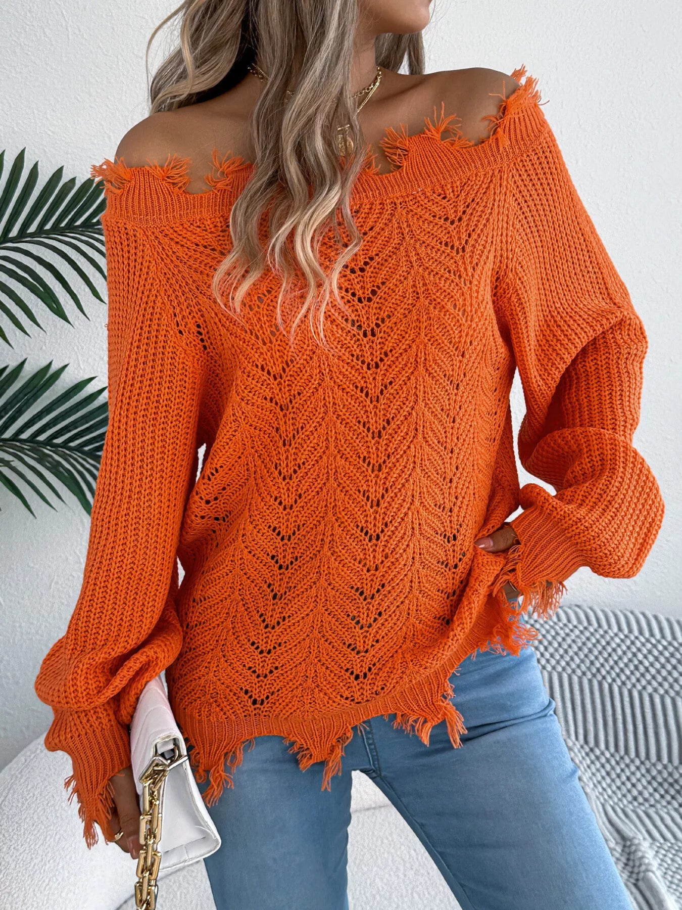 Distressed Hem Openwork Off-Shoulder Sweater - Thalia Chic