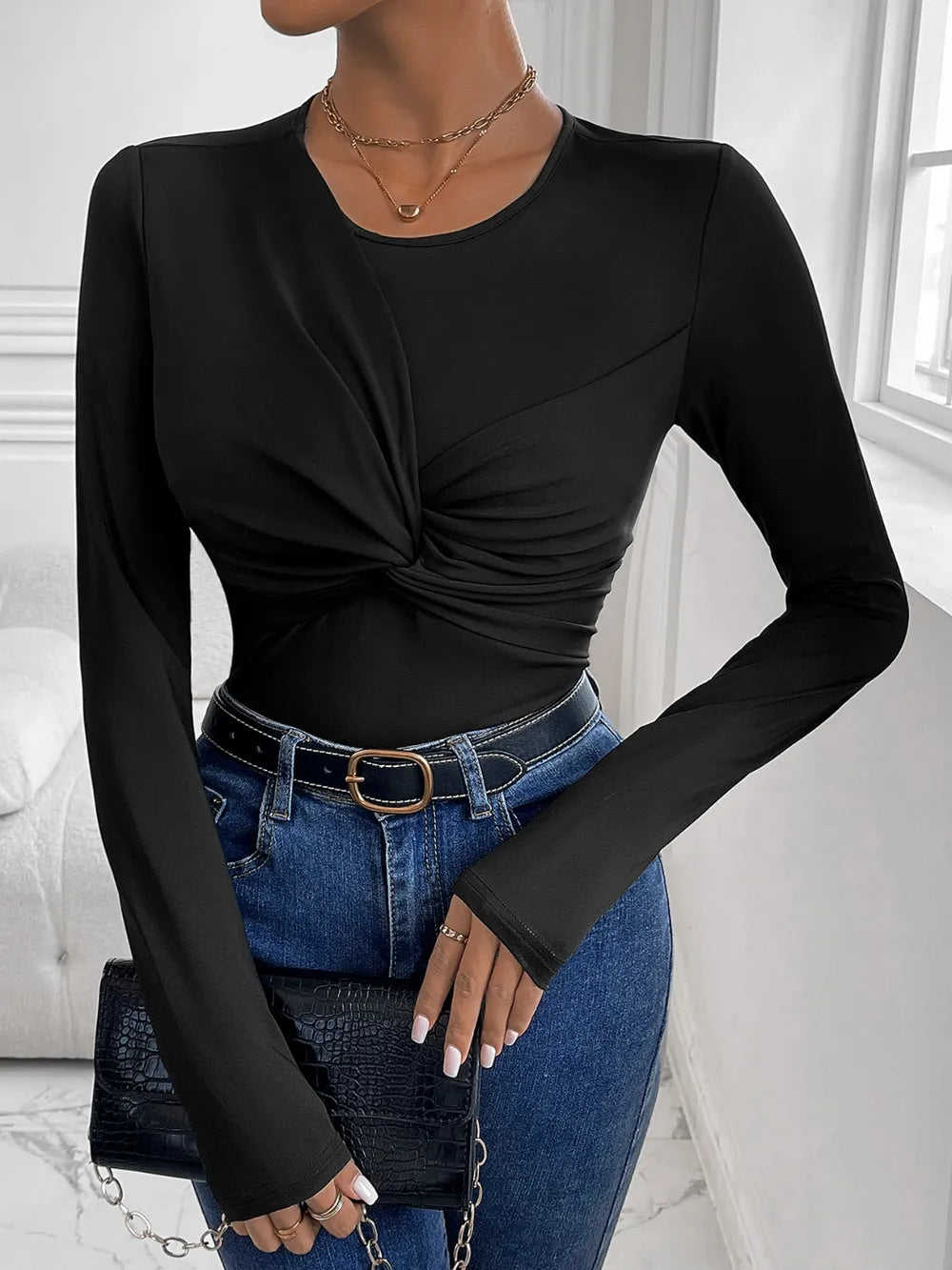 Perfee Twisted Round Neck Long Sleeve Bodysuit - Thalia Chic