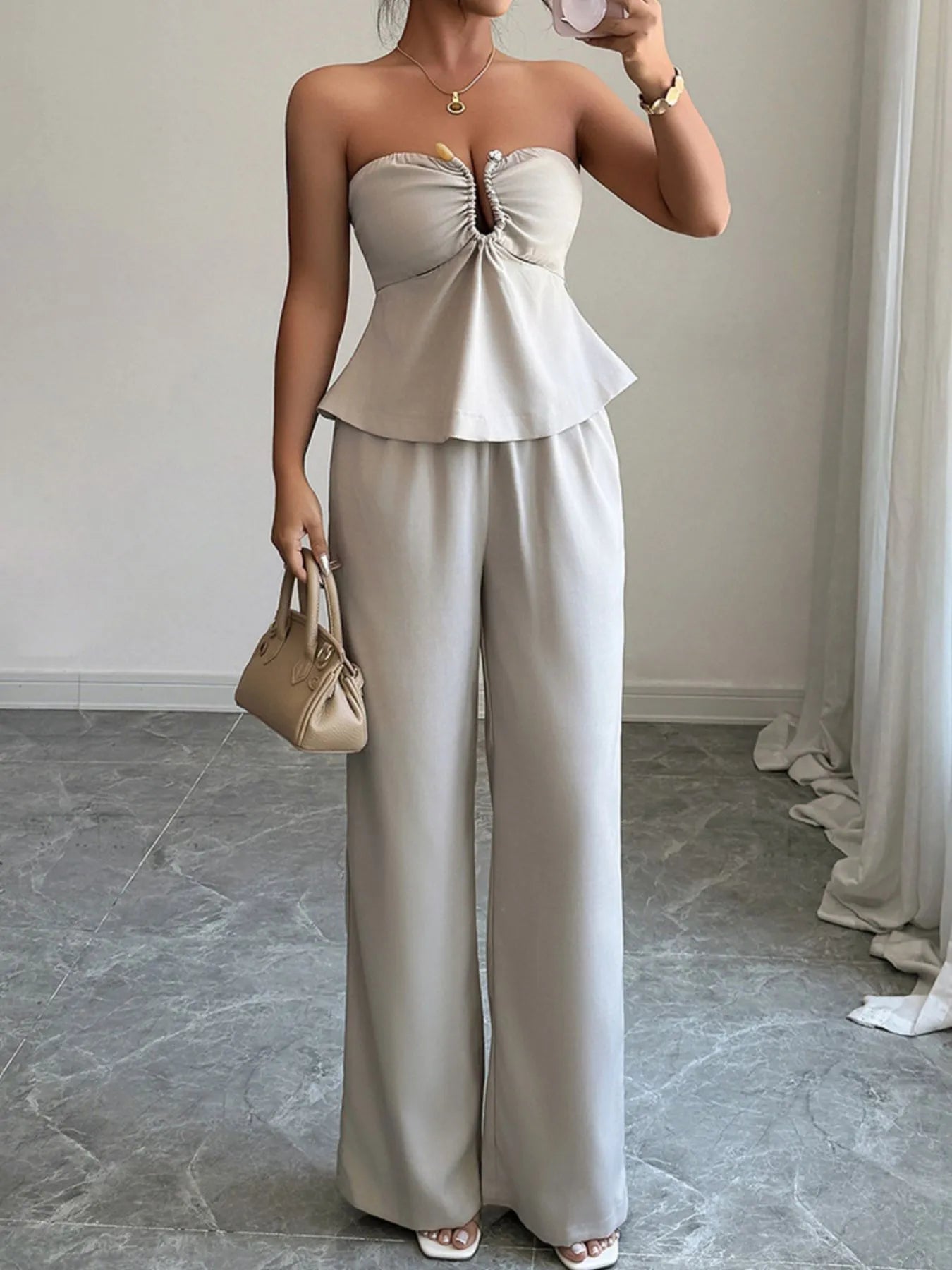 Ruched Tube Top and Pants Set - Thalia Chic