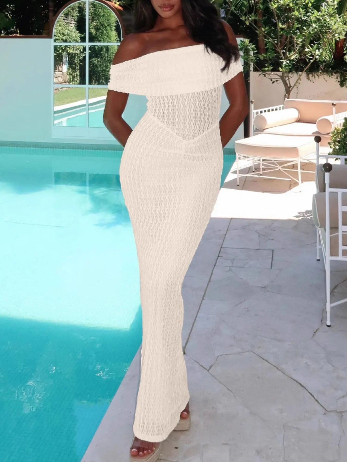 Off Shoulder Texture Maxi Dress - Thalia Chic