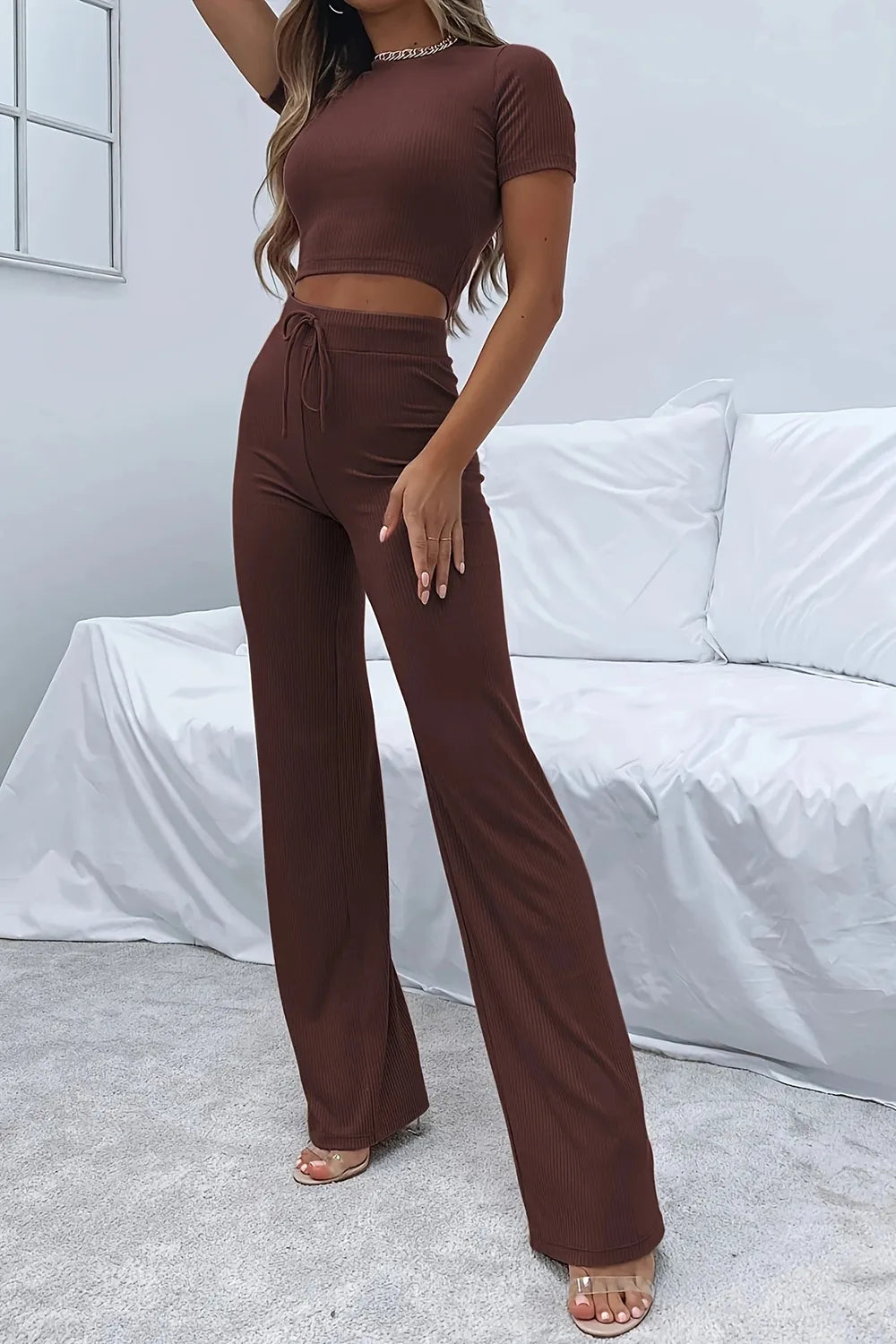 Round Neck Short Sleeve Top and Pants Set - Thalia Chic