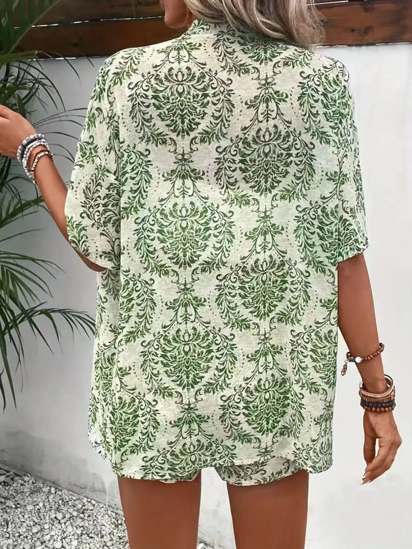 Printed Open Front Cardigan and Shorts Set - Thalia Chic