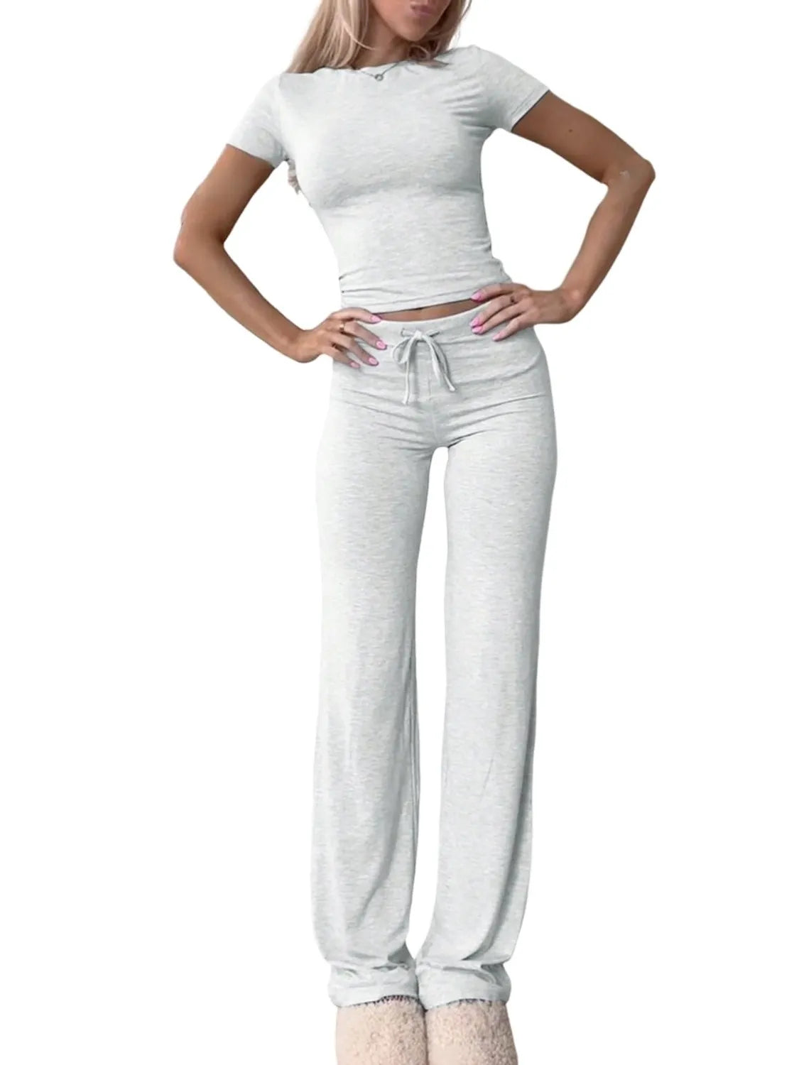 Round Neck Short Sleeve Top and Pants Set - Thalia Chic