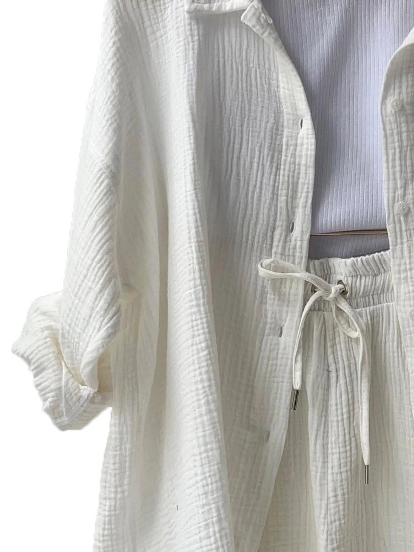 Textured Button Up Shirt and Shorts Set - Thalia Chic