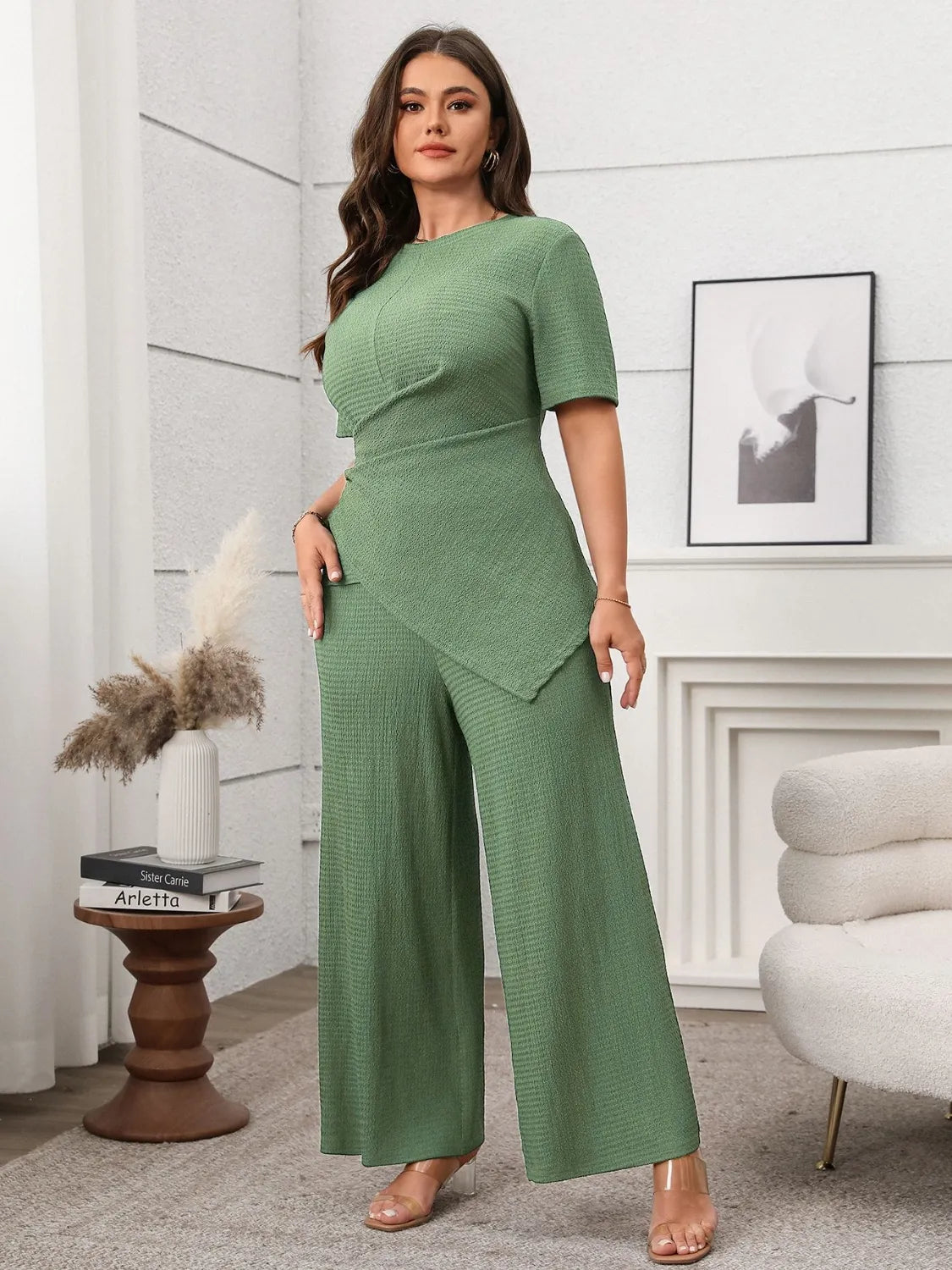 Plus Size Asymmetrical Round Neck Short Sleeve Top and Pants Set - Thalia Chic
