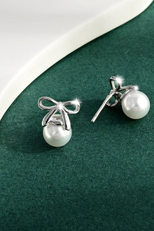 925 Sterling Silver Pearl Bow Earrings - Thalia Chic