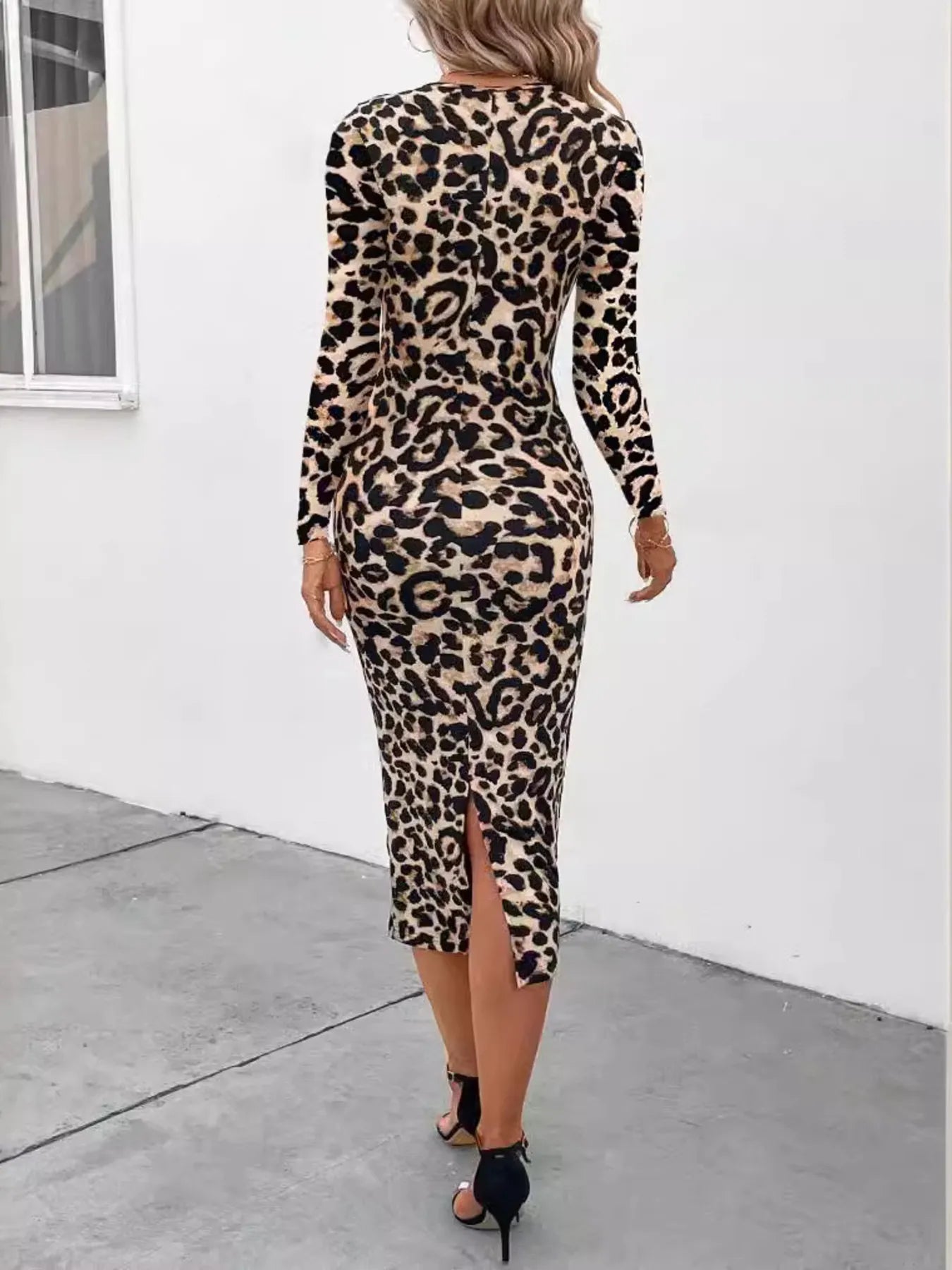 Leopard Print Long Sleeve Bodycon Midi Dress - Thalia Chic