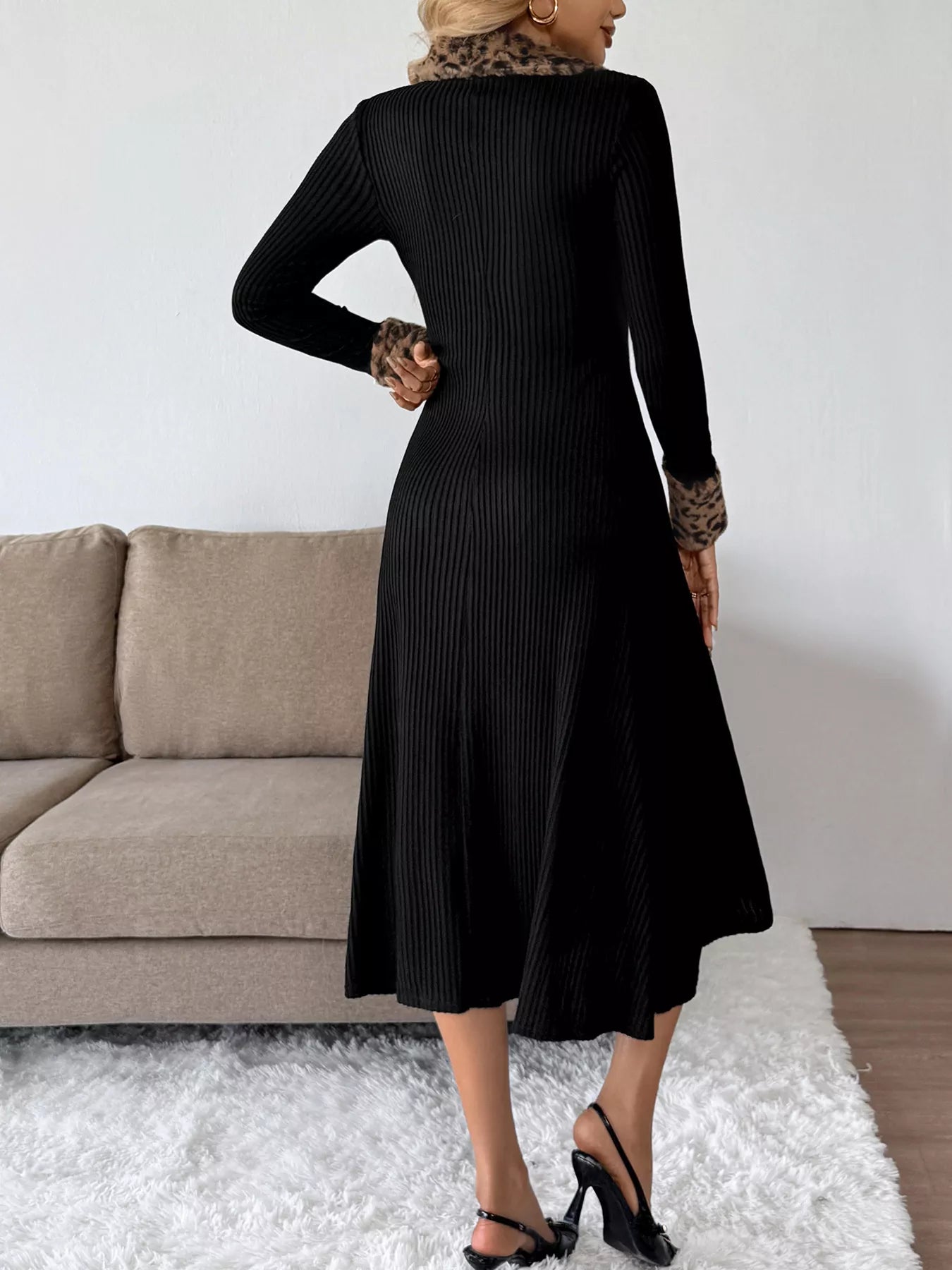 Leopard Cuff Johnny Collar Midi Dress - Thalia Chic