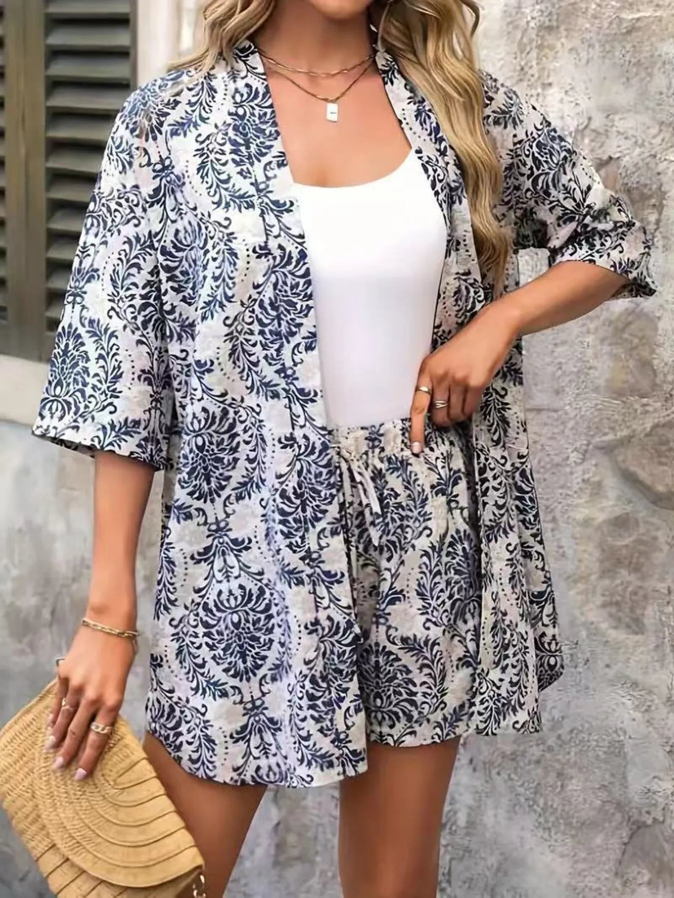 Printed Open Front Cardigan and Shorts Set - Thalia Chic