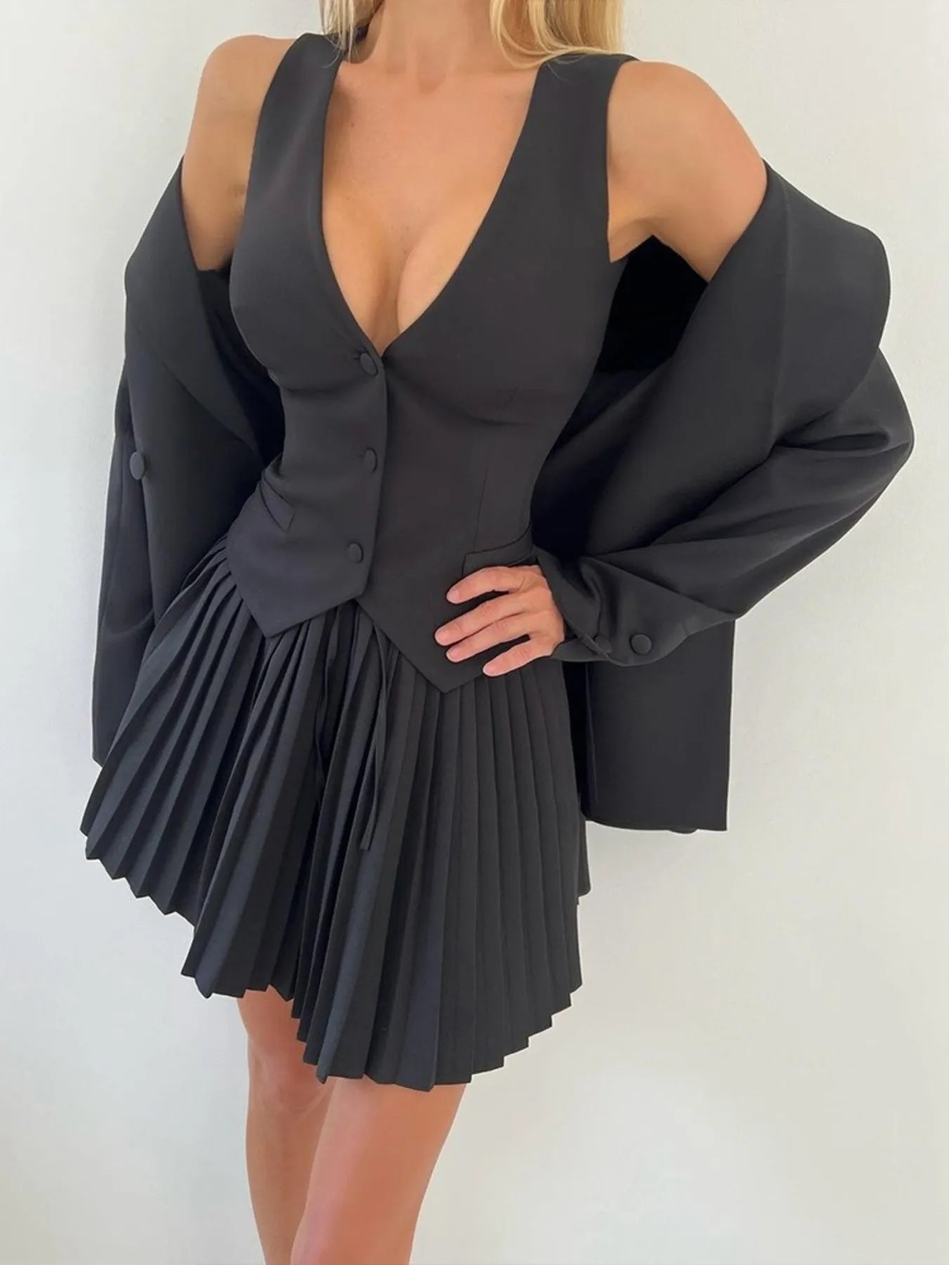 Button Up Vest and Pleated Mini Skirt Set - Thalia Chic