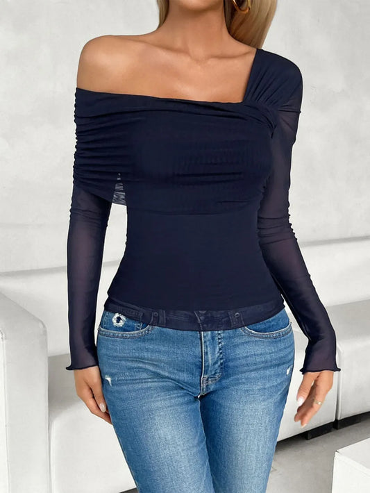 Devine Ruched Asymmetrical Long Sleeve T-Shirt - Thalia Chic