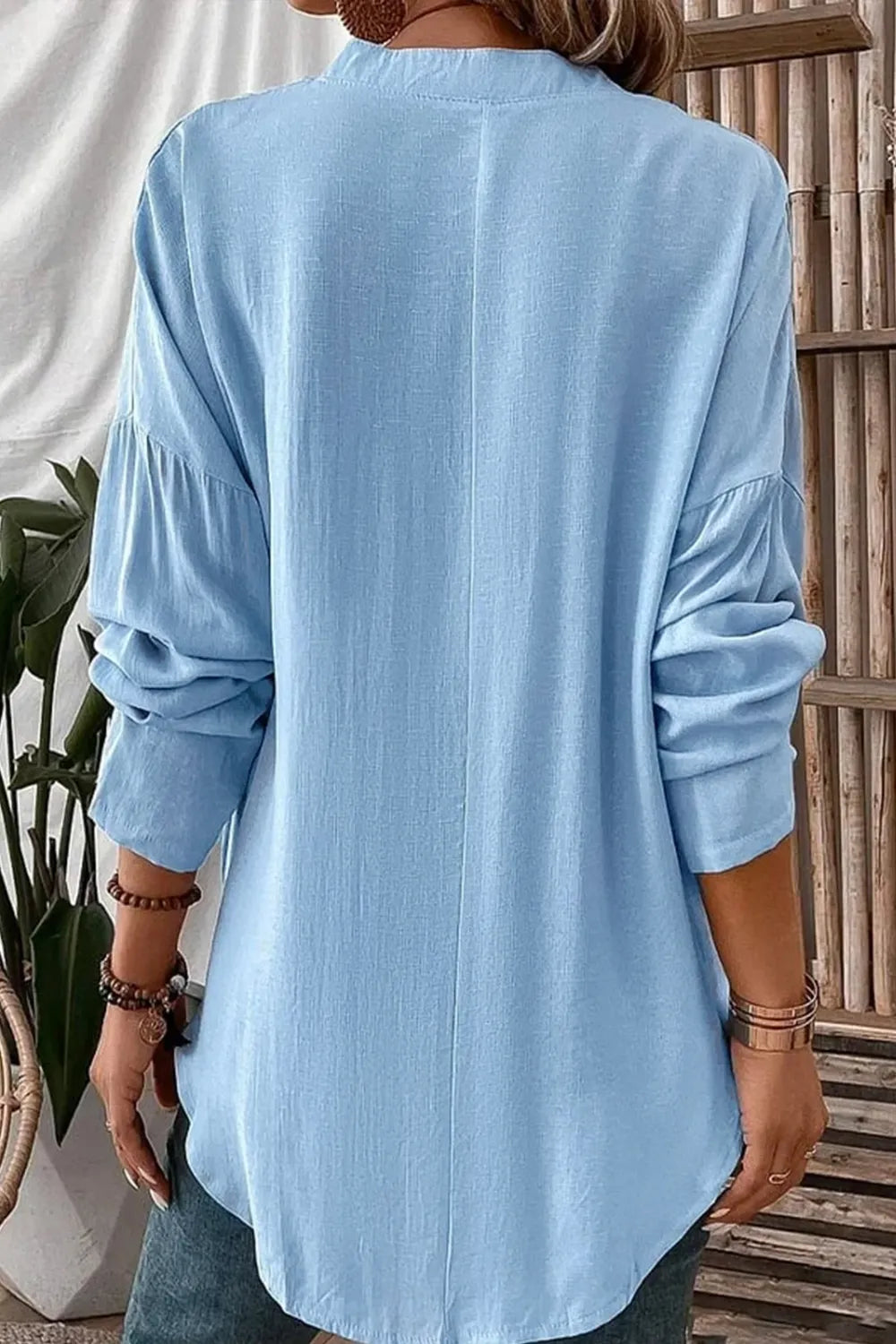 Solid Color Notched Long Sleeve Blouse - Thalia Chic