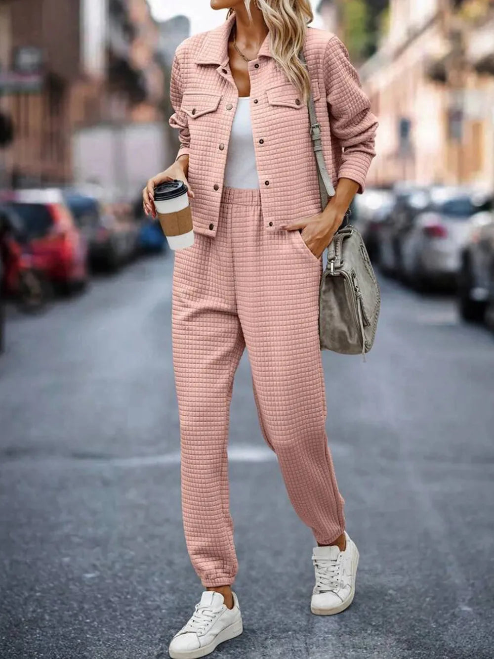 Plaid Texture Snap Down Top and Pants Set - Thalia Chic