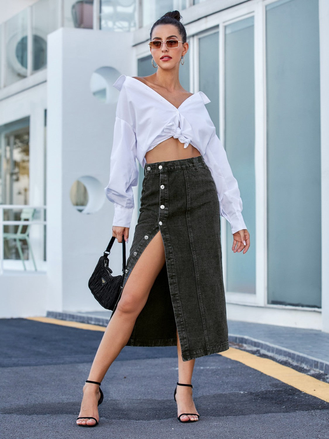 Button Down Denim Skirt - Thalia Chic