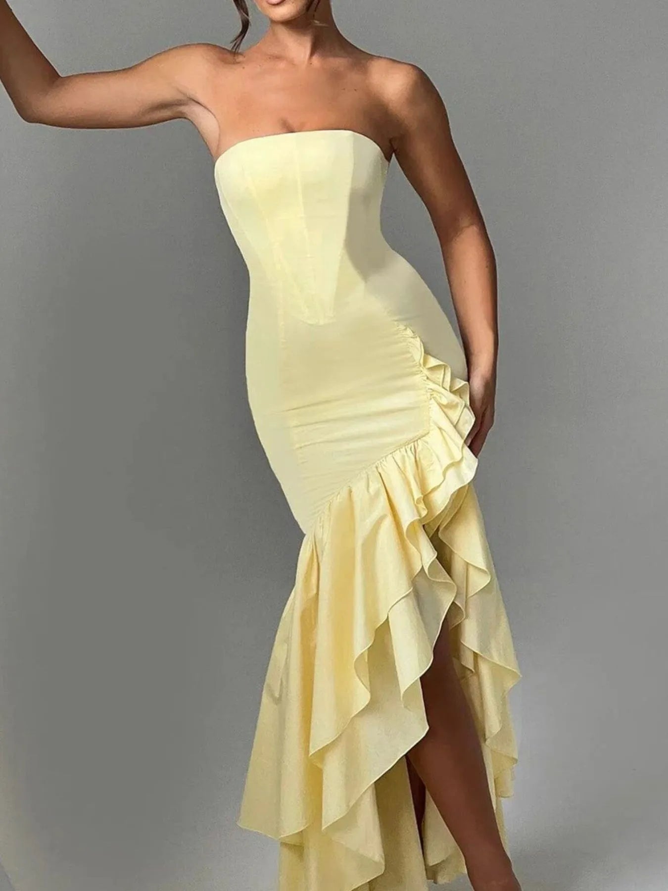 Strapless Ruffle High-Low Bodycon Dress - Thalia Chic