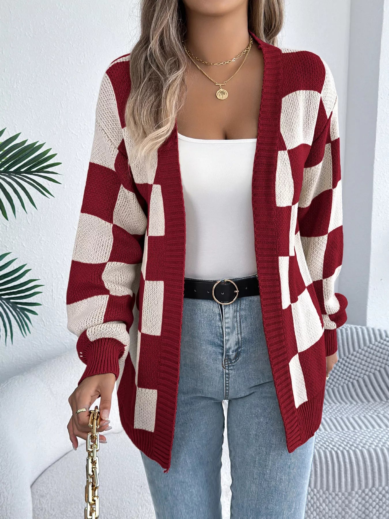 Checkered Pattern Open Front Cardigan - Thalia Chic