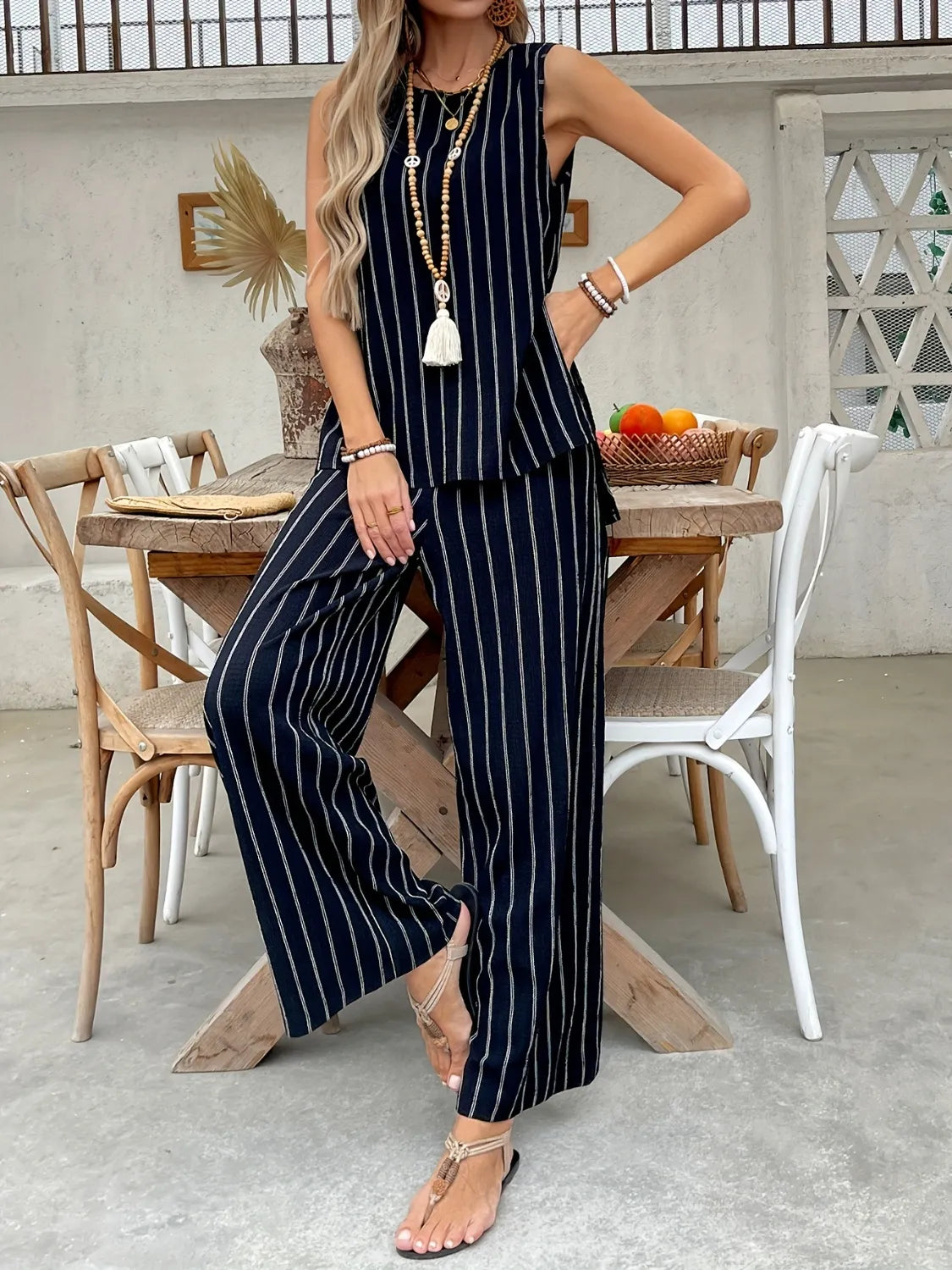 Striped Sleeveless Top and Pants Two-Piece Set - Thalia Chic