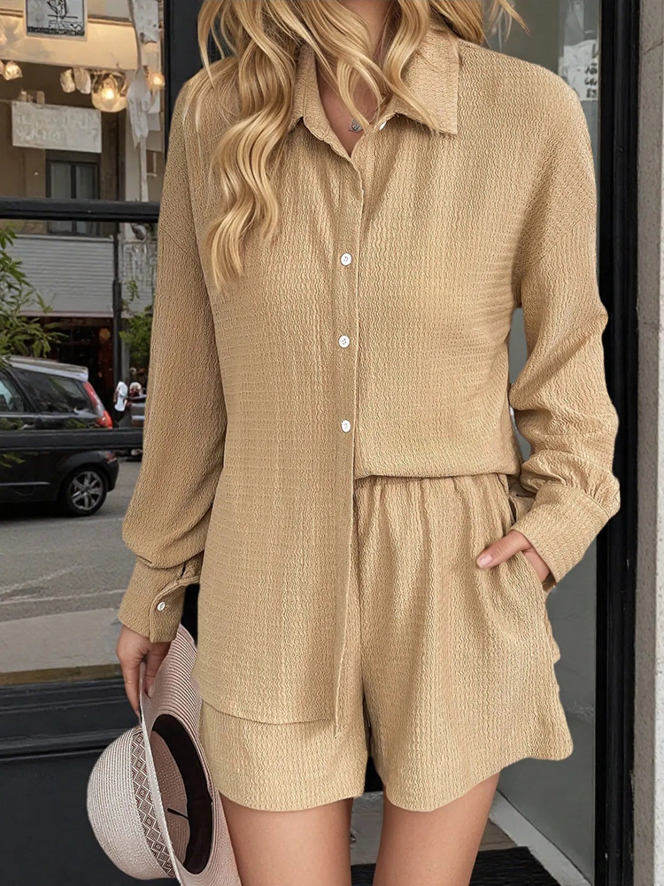 Button Up Long Sleeve Shirt and Shorts Set - Thalia Chic