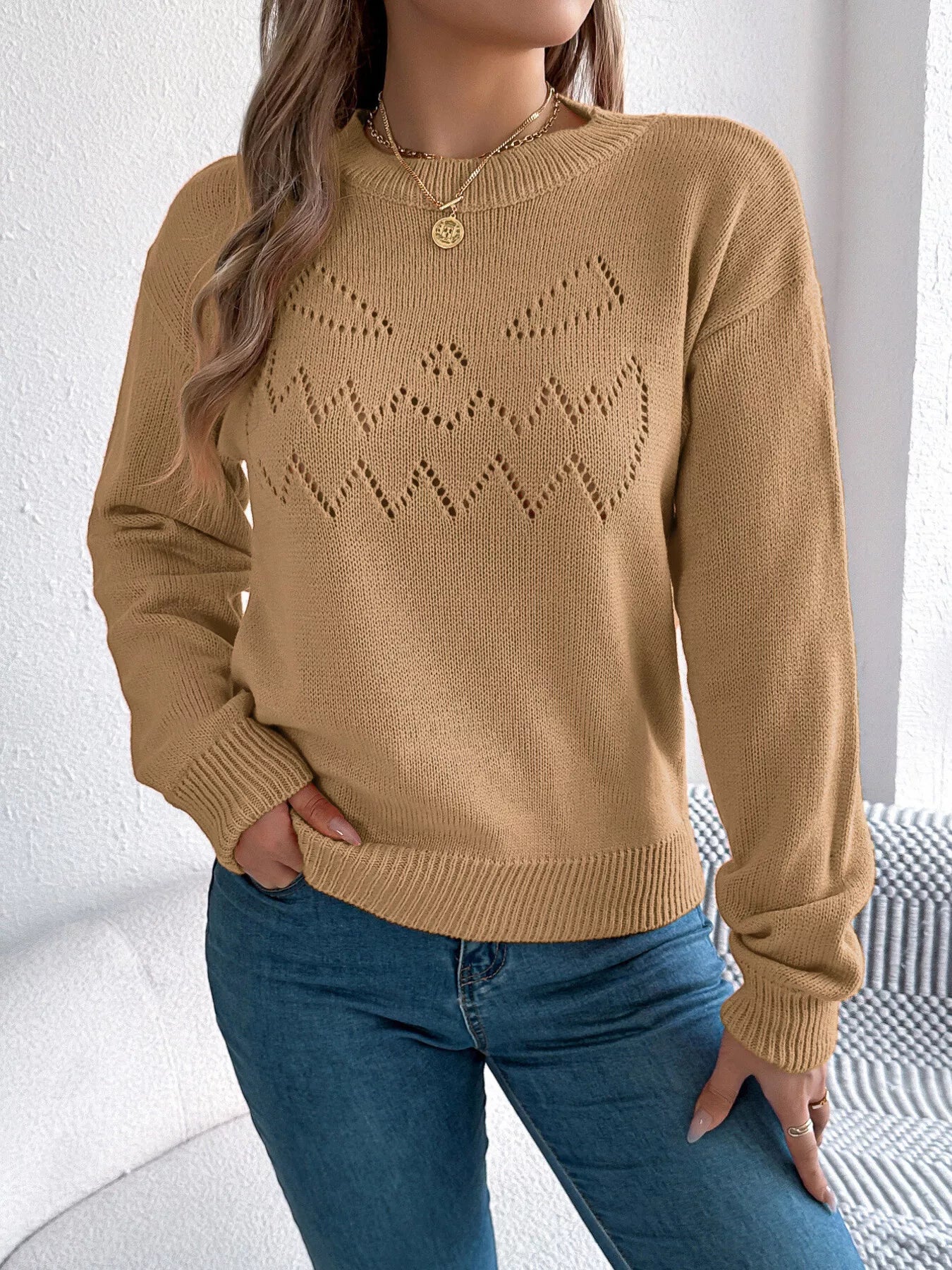 Openwork Round Neck Long Sleeve Sweater - Thalia Chic