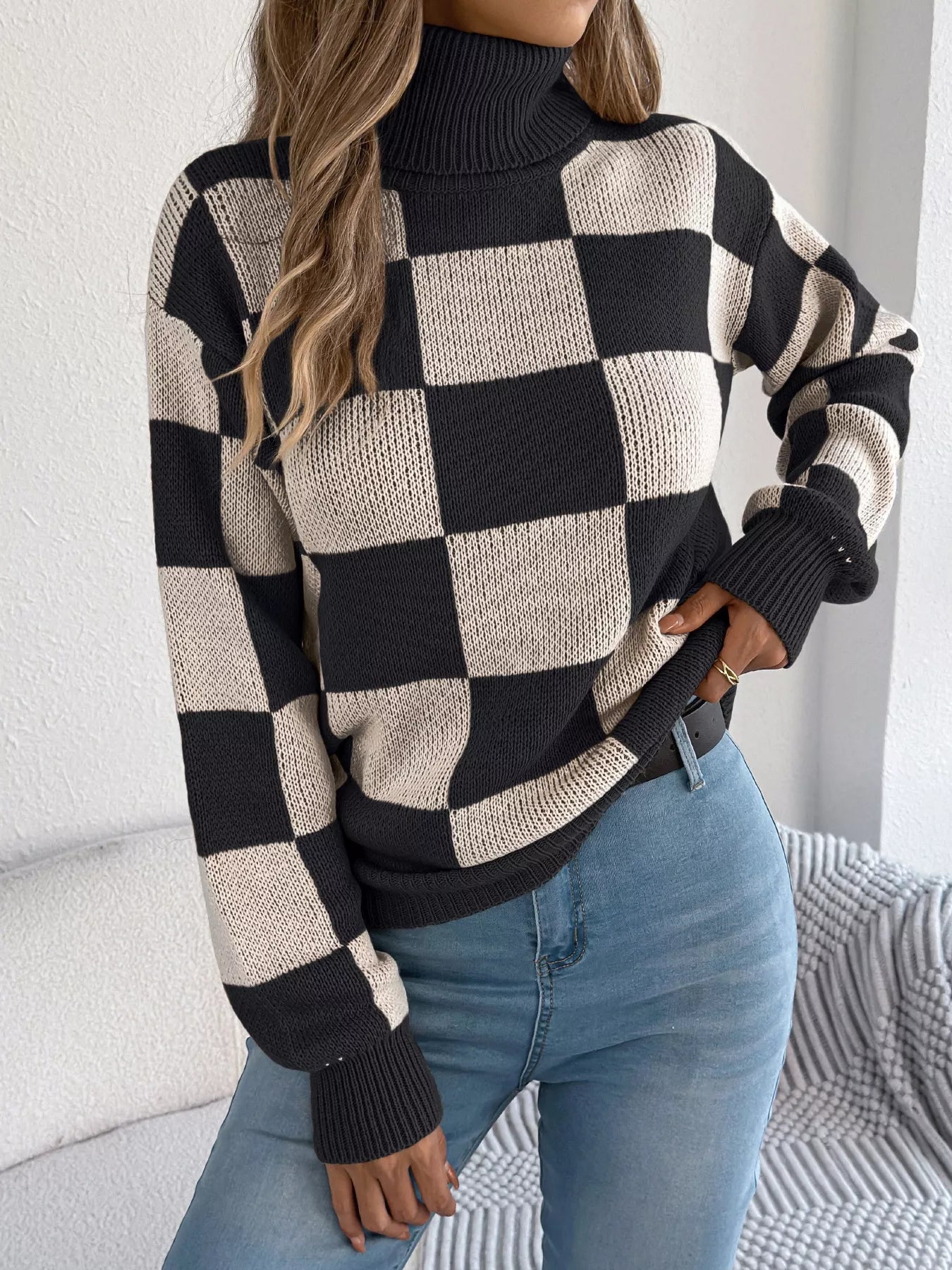 Checkered Turtleneck Long Sleeve Sweater - Thalia Chic