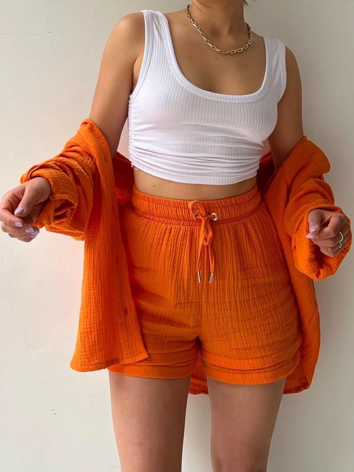 Textured Button Up Shirt and Shorts Set - Thalia Chic