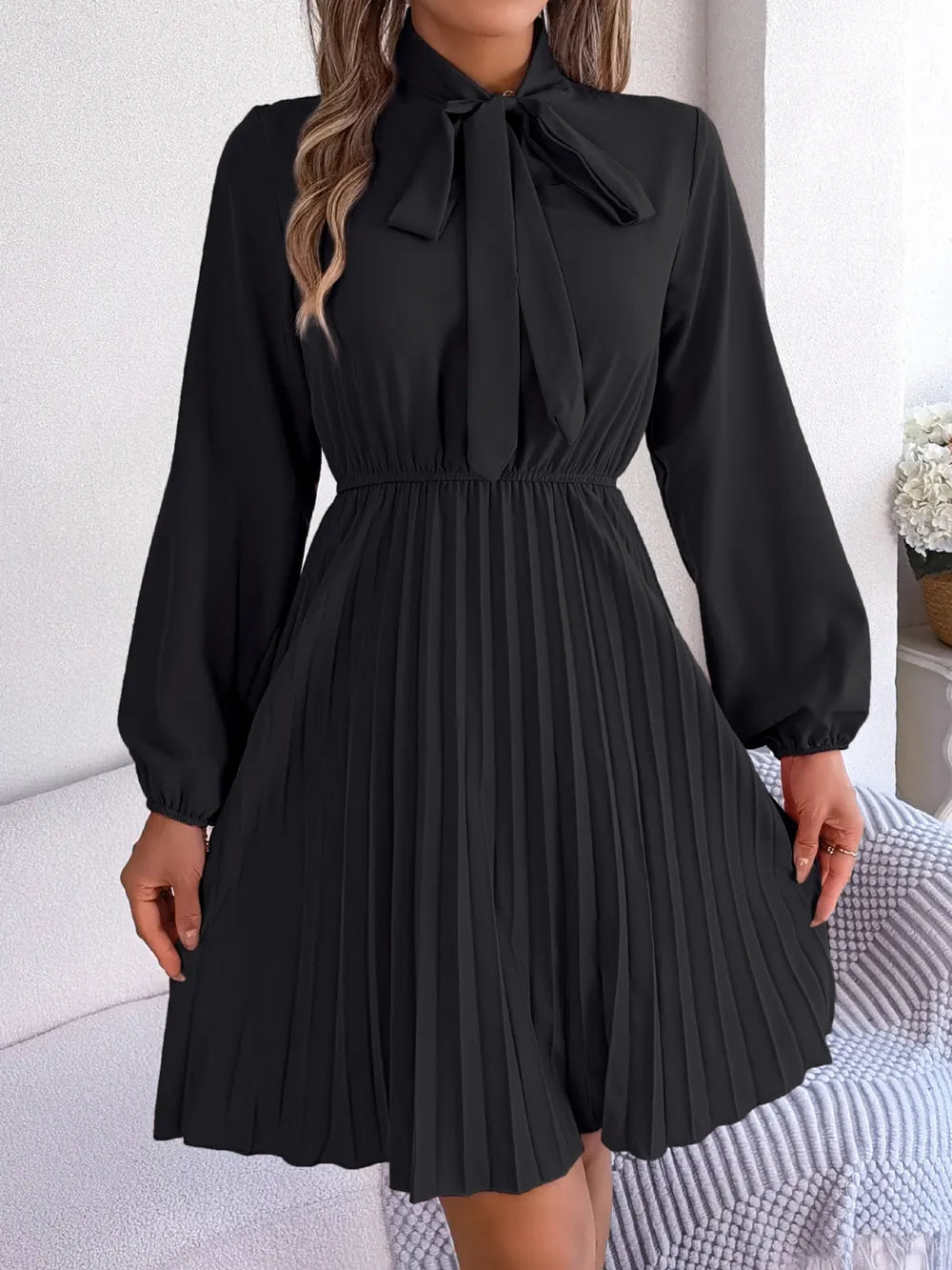 Tie Neck Balloon Sleeve Pleated Dress - Thalia Chic