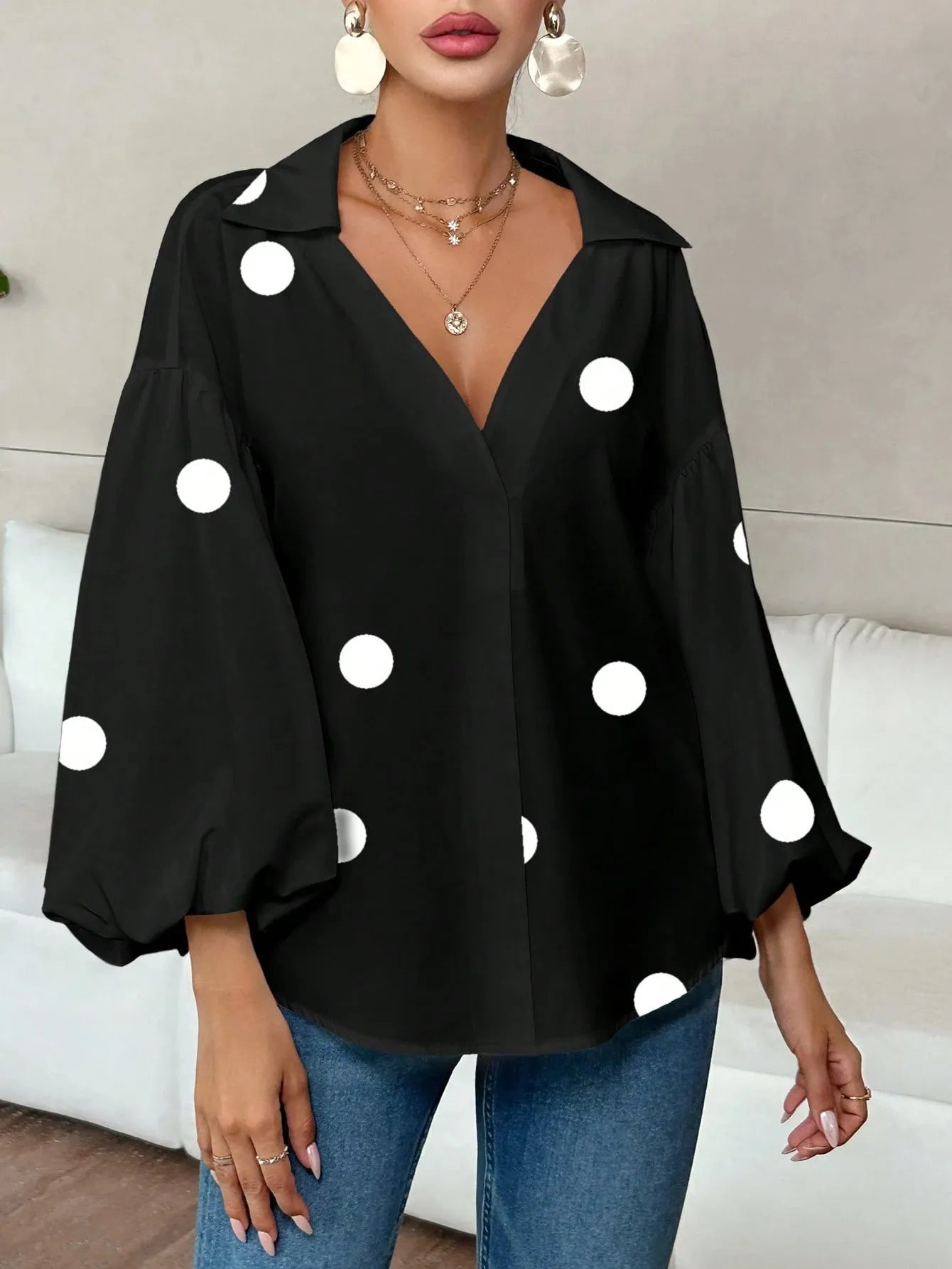 Polka Dot Balloon Sleeve Blouse - Thalia Chic