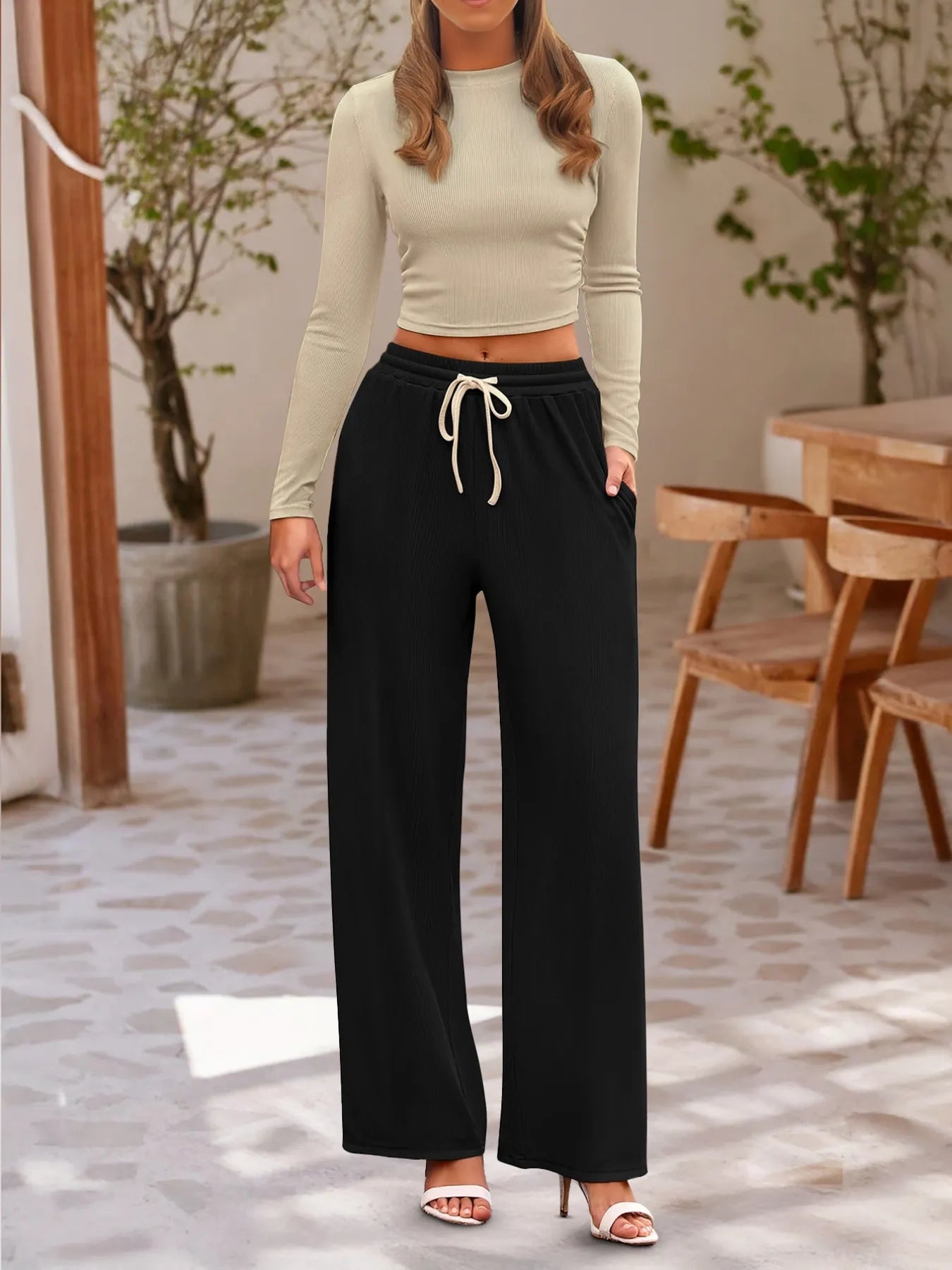 Round Neck Long Sleeve Top and Pants Set - Thalia Chic