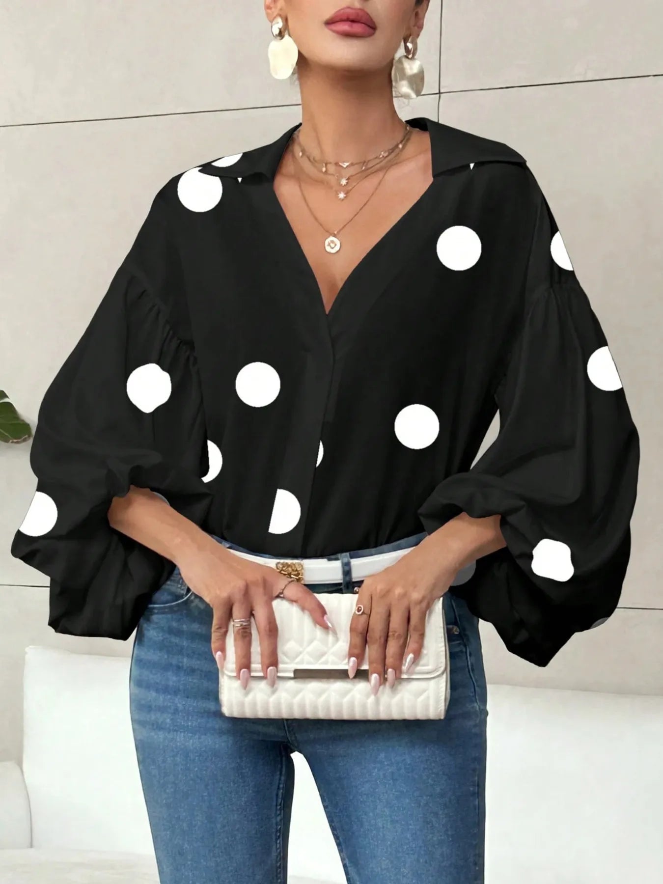 Polka Dot Balloon Sleeve Blouse - Thalia Chic