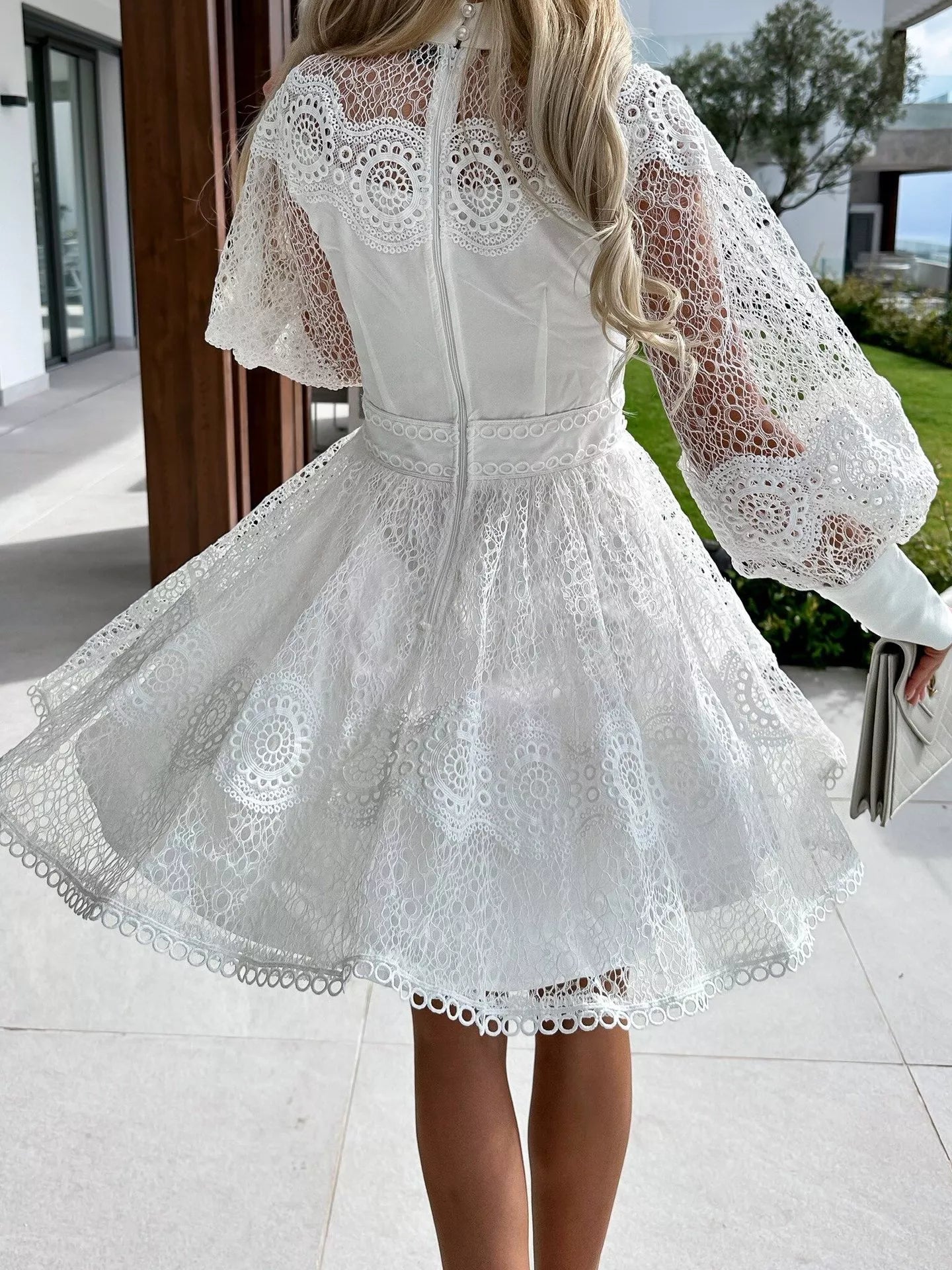 Lace Lantern Sleeve Mini Dress - Thalia Chic