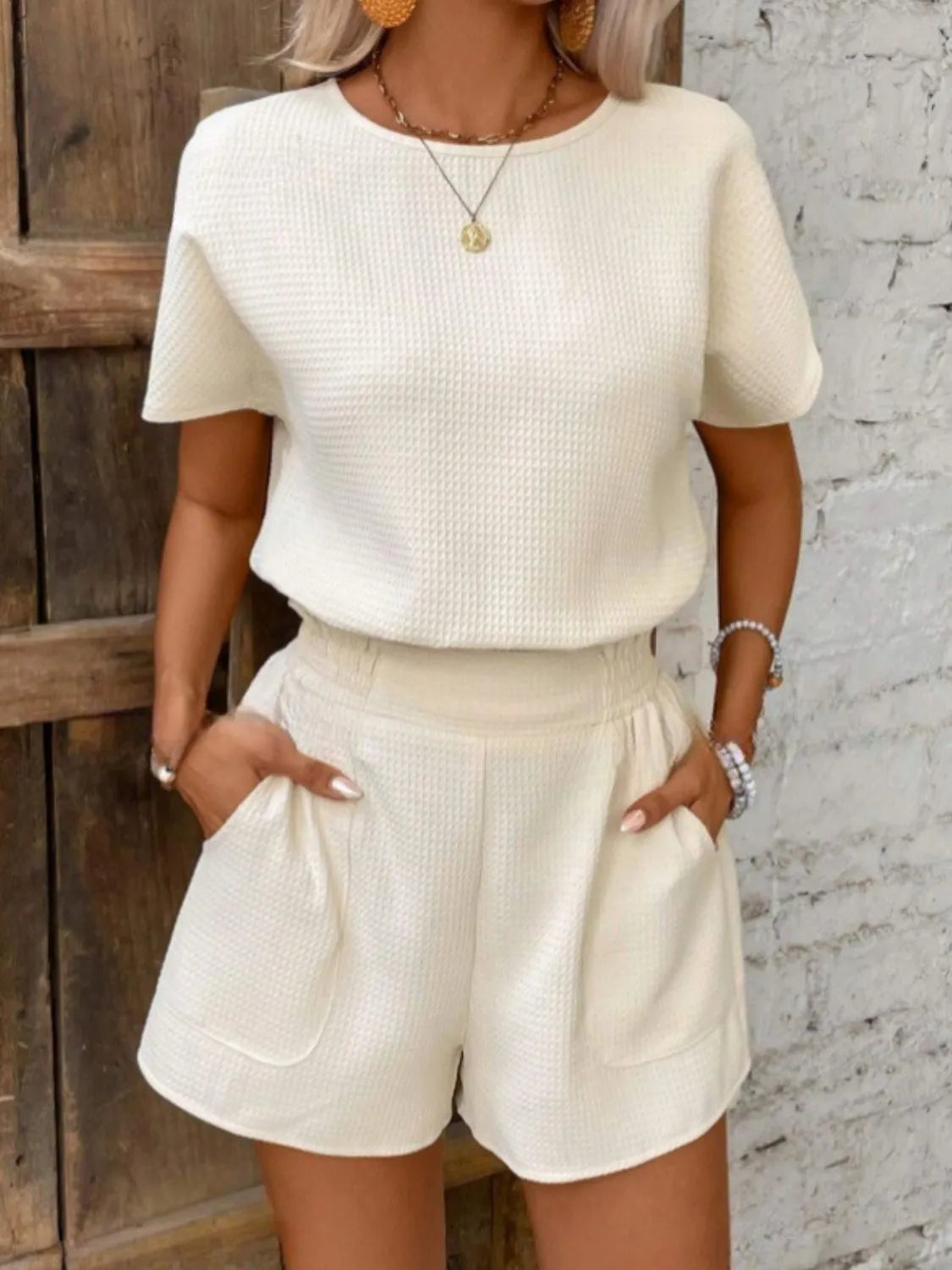 Round Neck Short Sleeve Top and Shorts Set - Thalia Chic