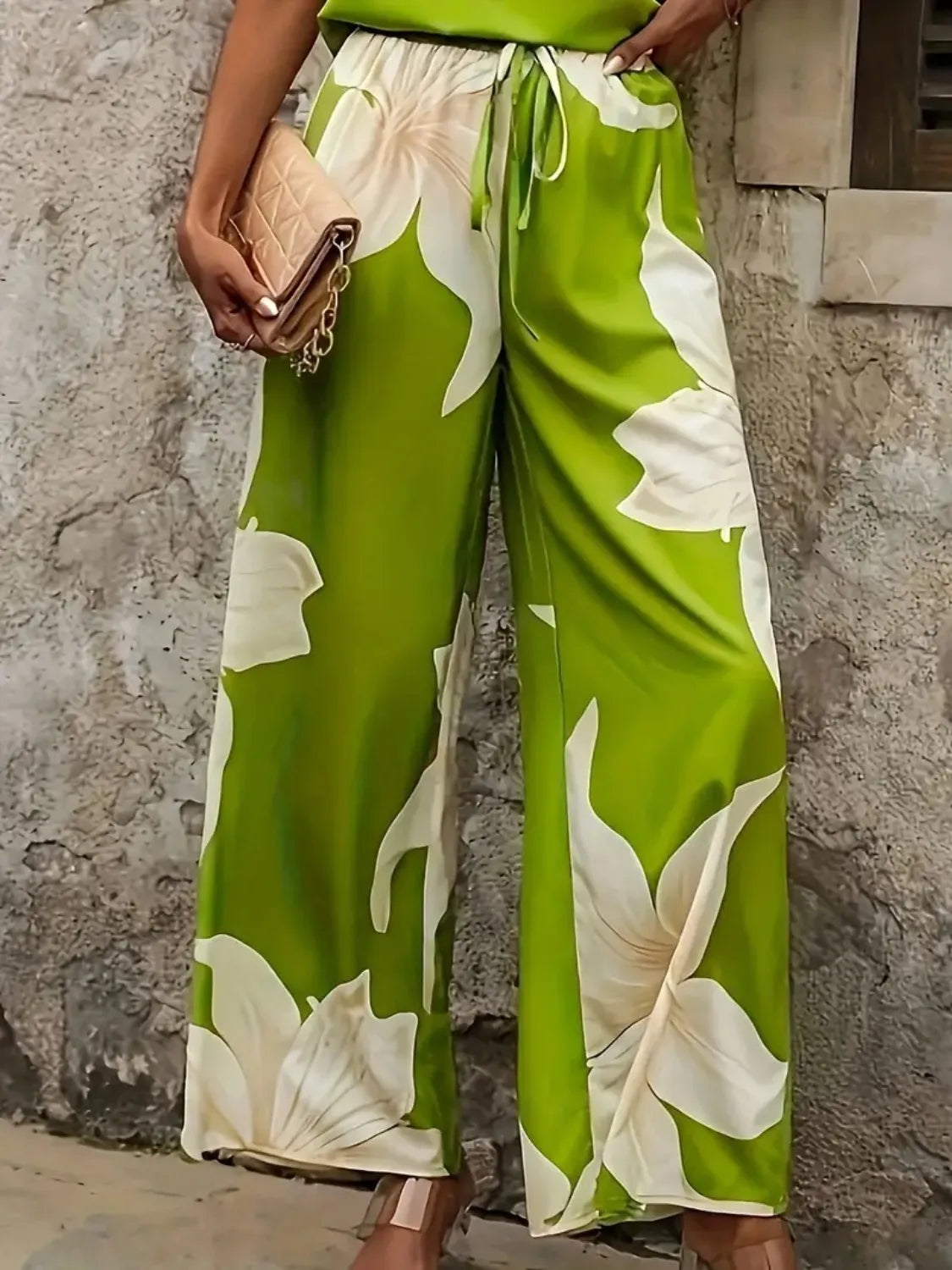 Printed V-Neck Top and Wide Leg Pants Set - Thalia Chic