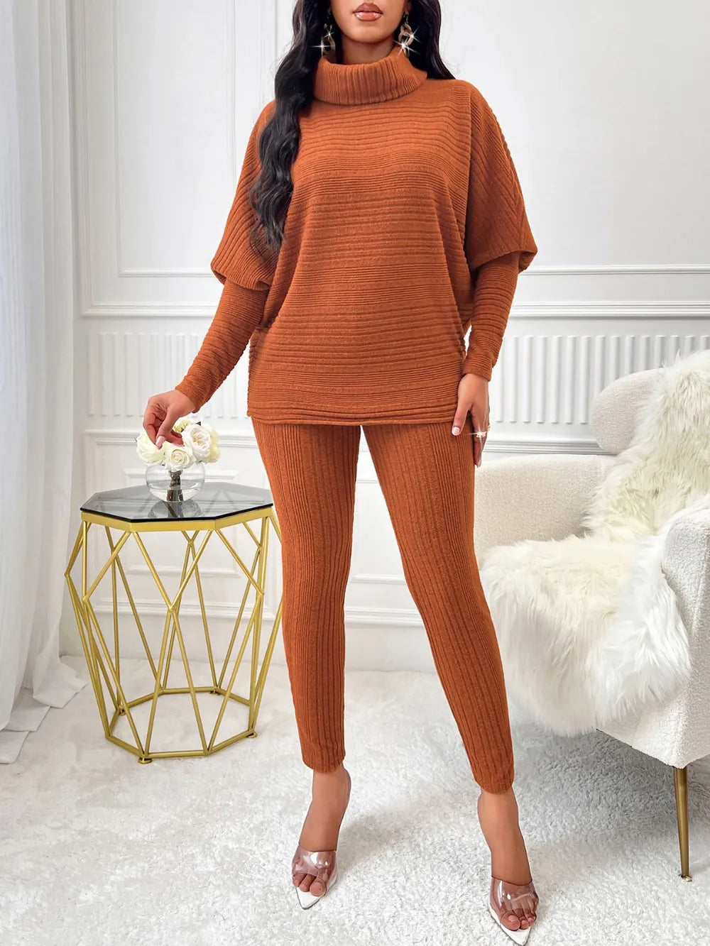 Turtleneck Batwing Sleeve Top and Pants Set - Thalia Chic