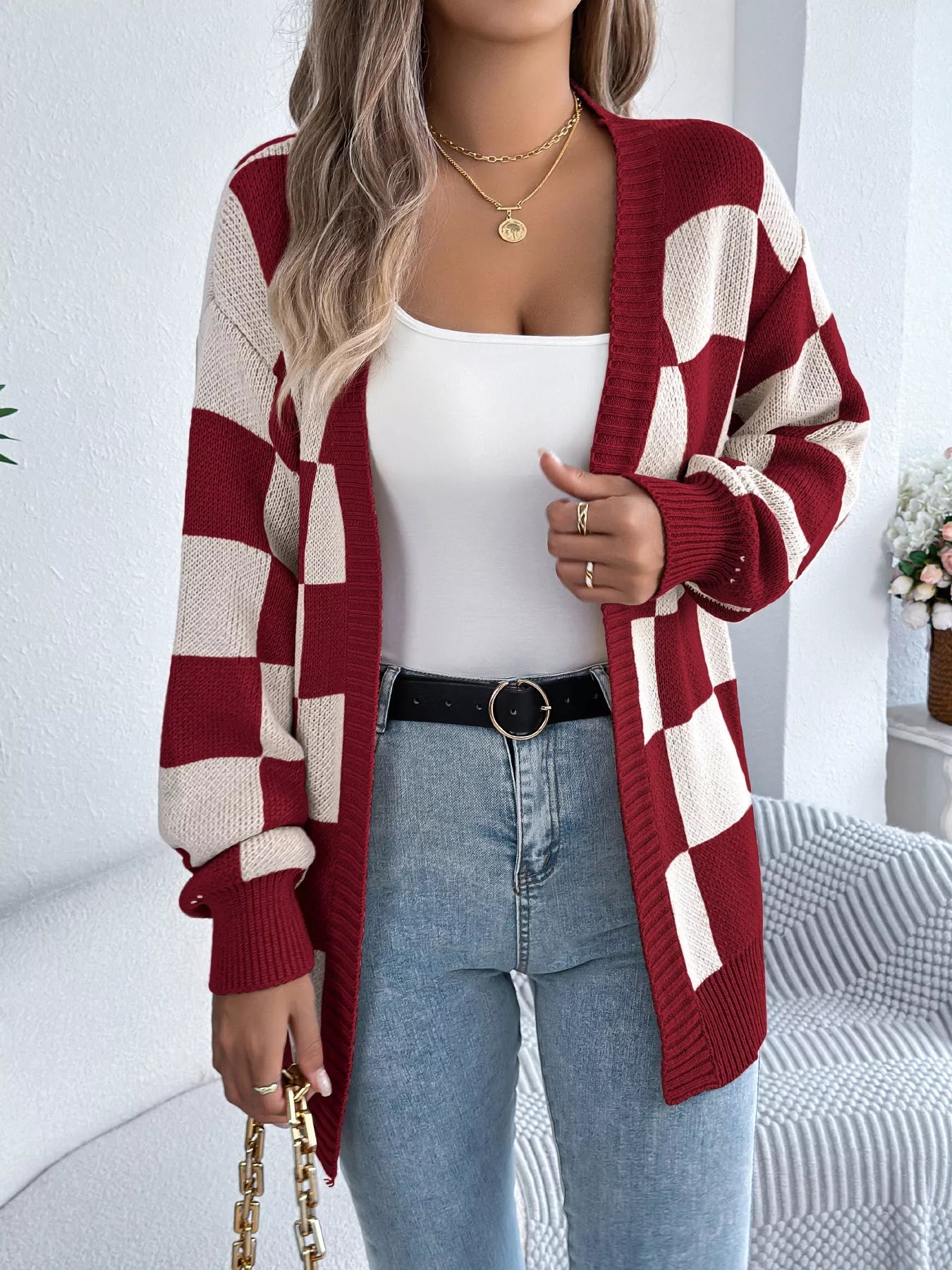 Checkered Pattern Open Front Cardigan - Thalia Chic