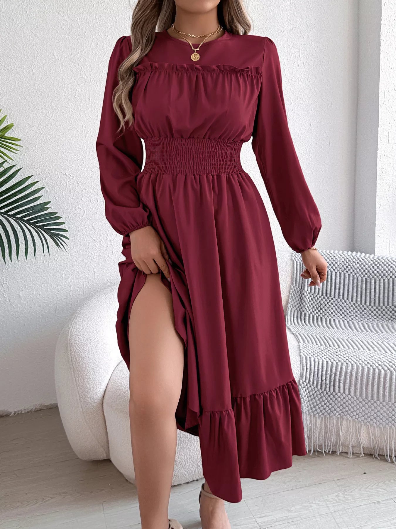 Round Neck Balloon Sleeve Tiered Dress - Thalia Chic