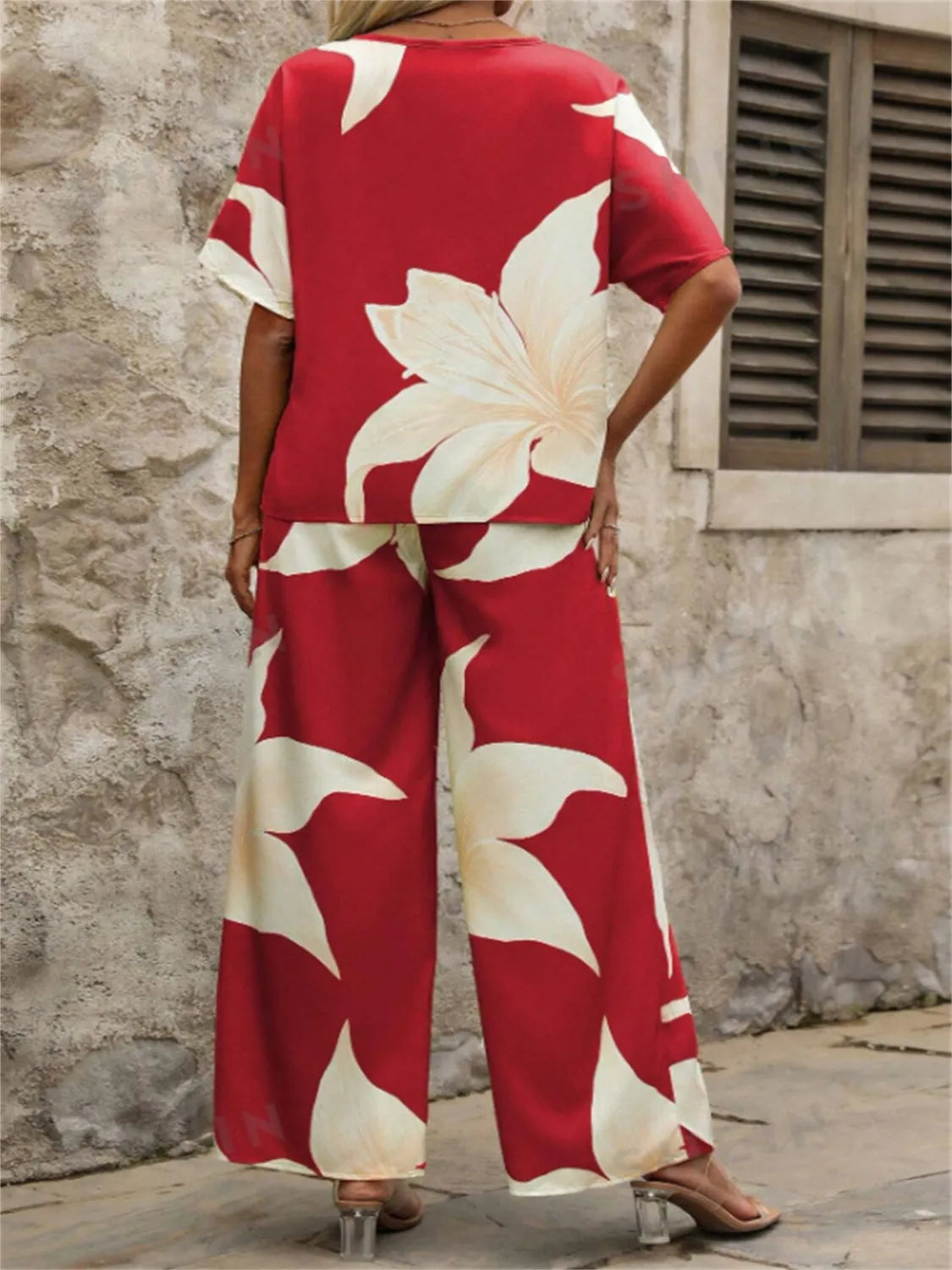 Printed V-Neck Top and Wide Leg Pants Set - Thalia Chic