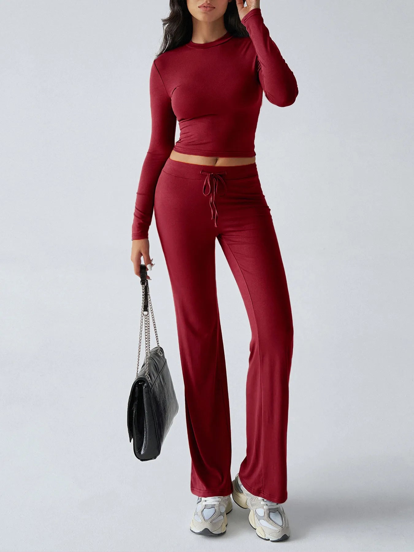 Round Neck Long Sleeve Top and Pants Set - Thalia Chic