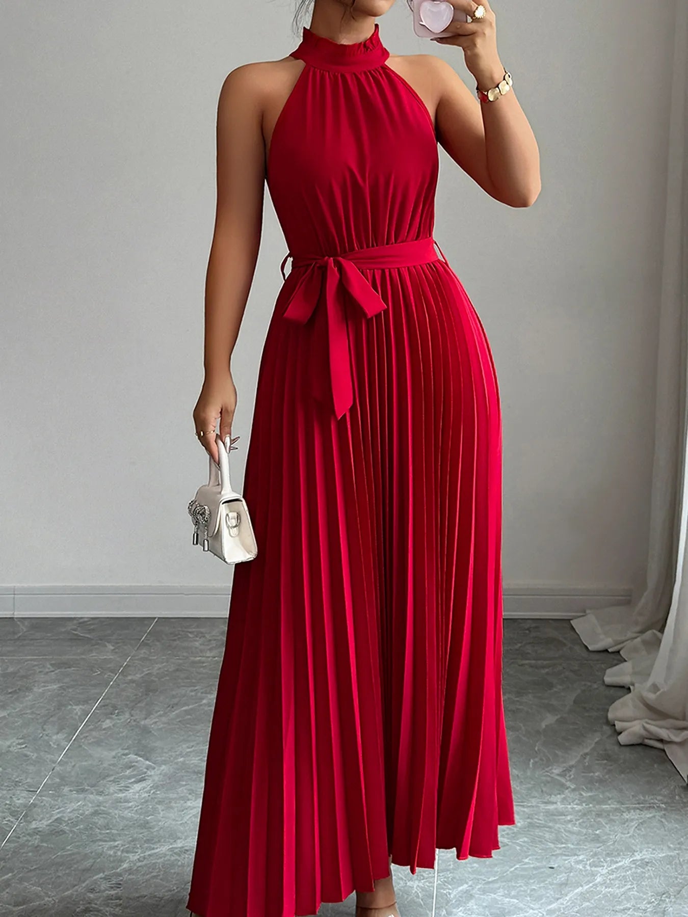 Pleated Halter Neck Tie Waist Maxi Dress - Thalia Chic