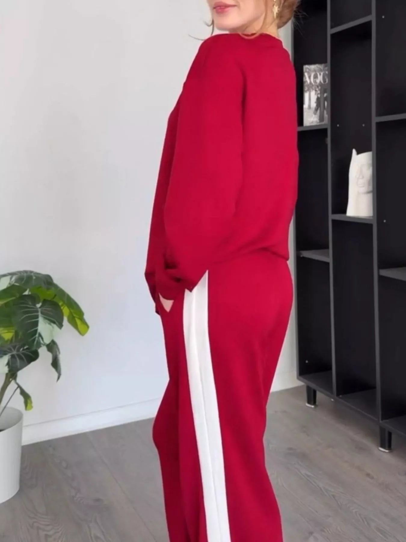 Full Size Contrast Round Neck Top and Pants Set Plus Size - Thalia Chic