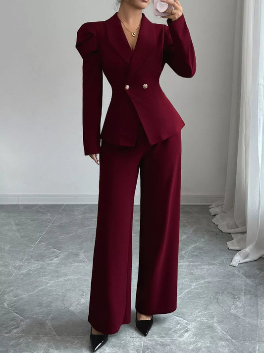 Double-Breasted Blazer and Pants Suit Set - Thalia Chic